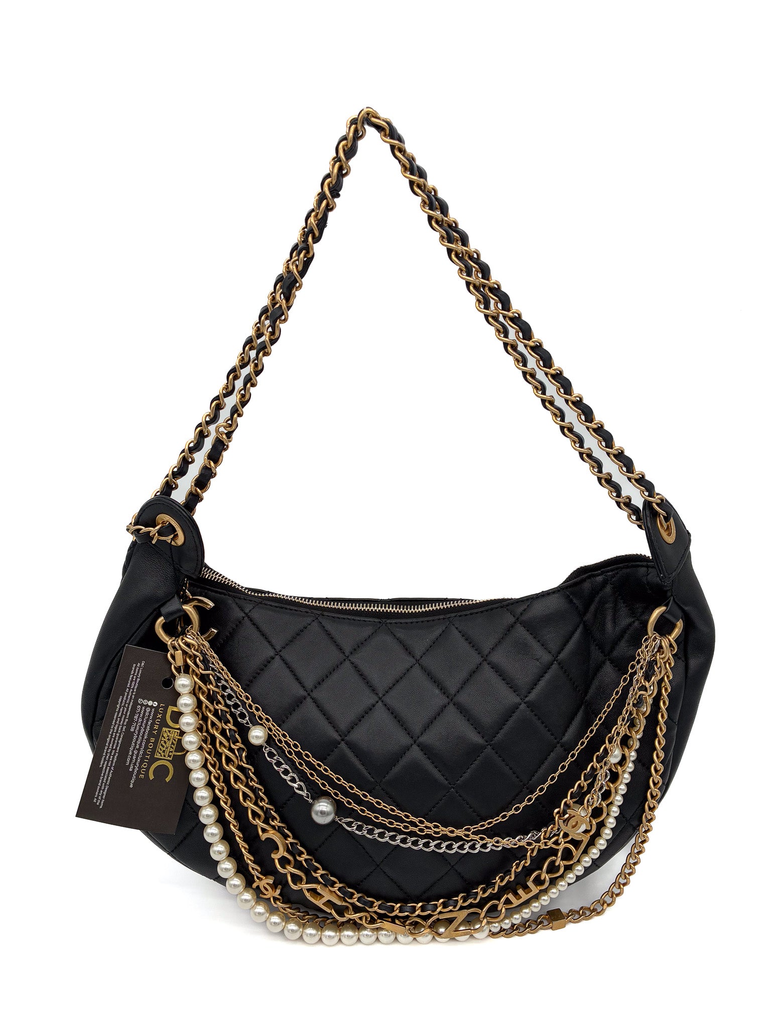 CHANEL Black Quilted Lambskin Leather Paris-New York All About Chains Hobo Bag