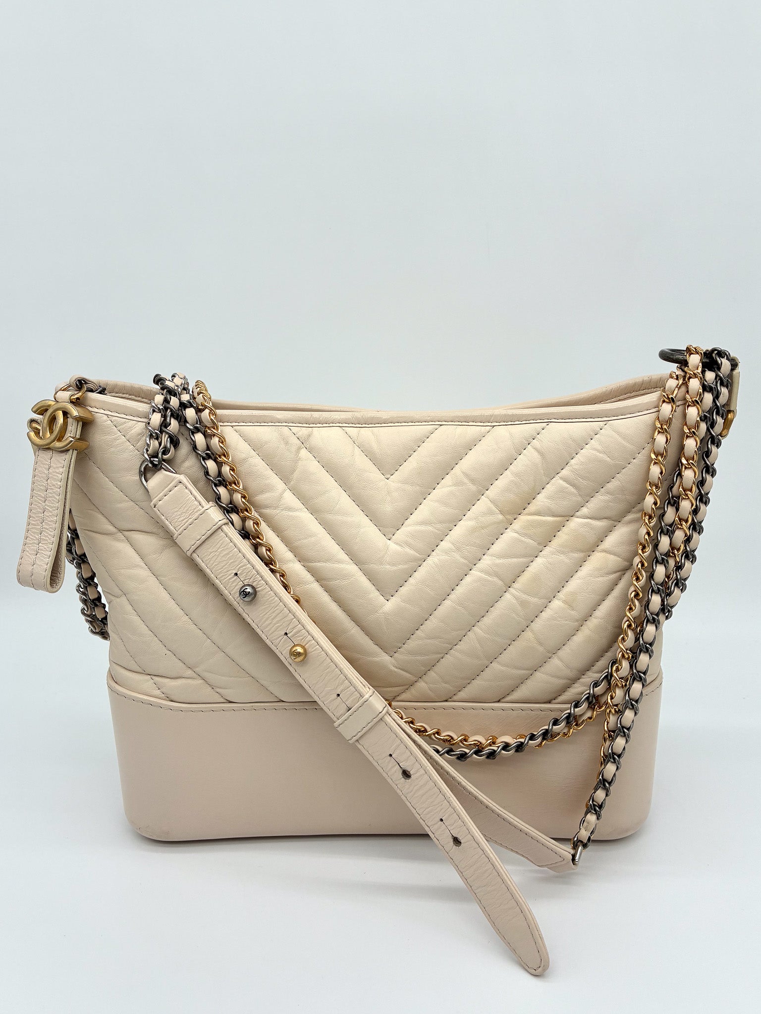 Chanel Aged Calfskin Chevron Quilted Medium Gabrielle Hobo Beige