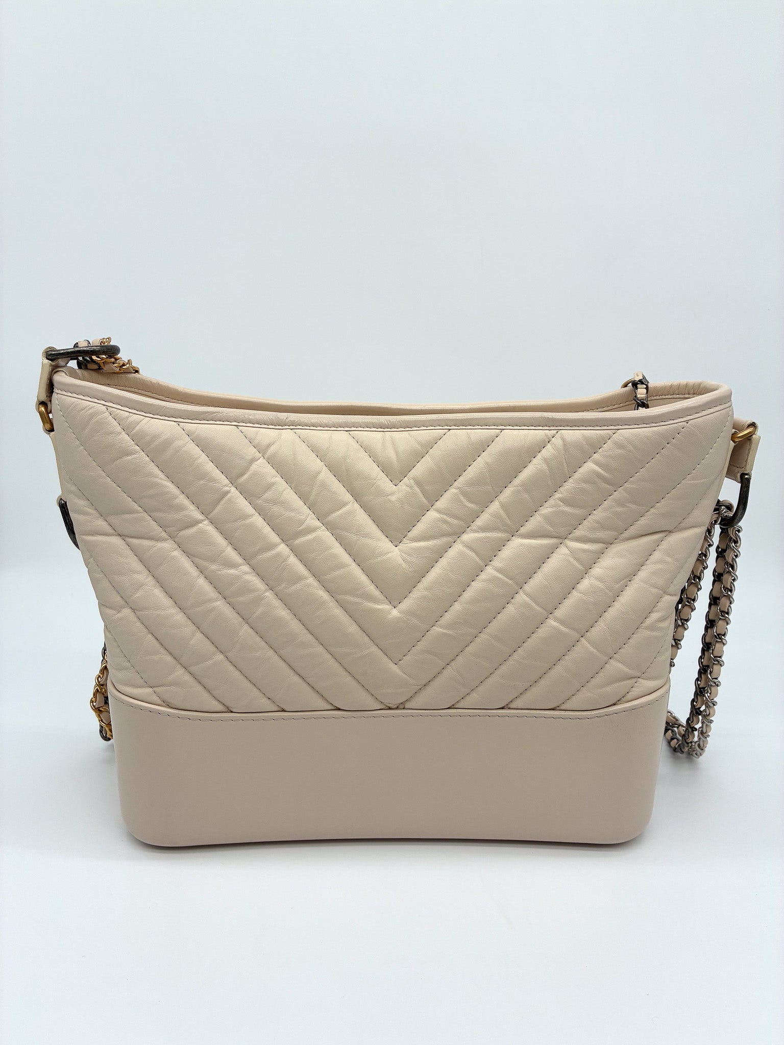 Chanel Aged Calfskin Chevron Quilted Medium Gabrielle Hobo Beige