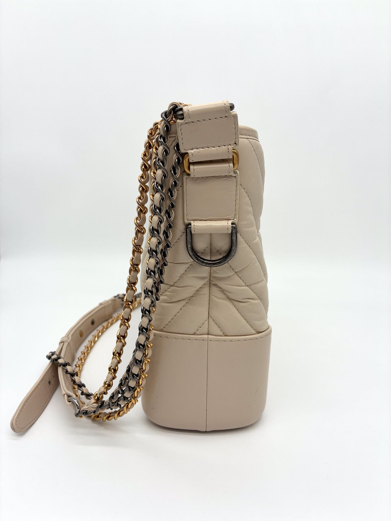 Chanel Aged Calfskin Chevron Quilted Medium Gabrielle Hobo Beige