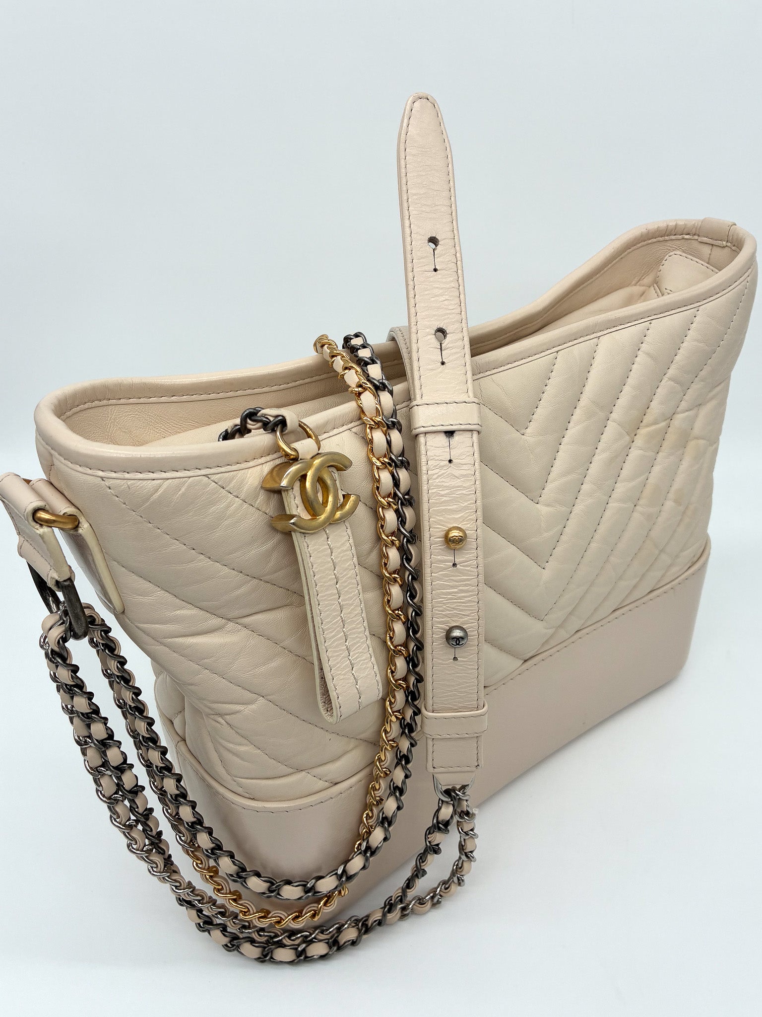 Chanel Aged Calfskin Chevron Quilted Medium Gabrielle Hobo Beige