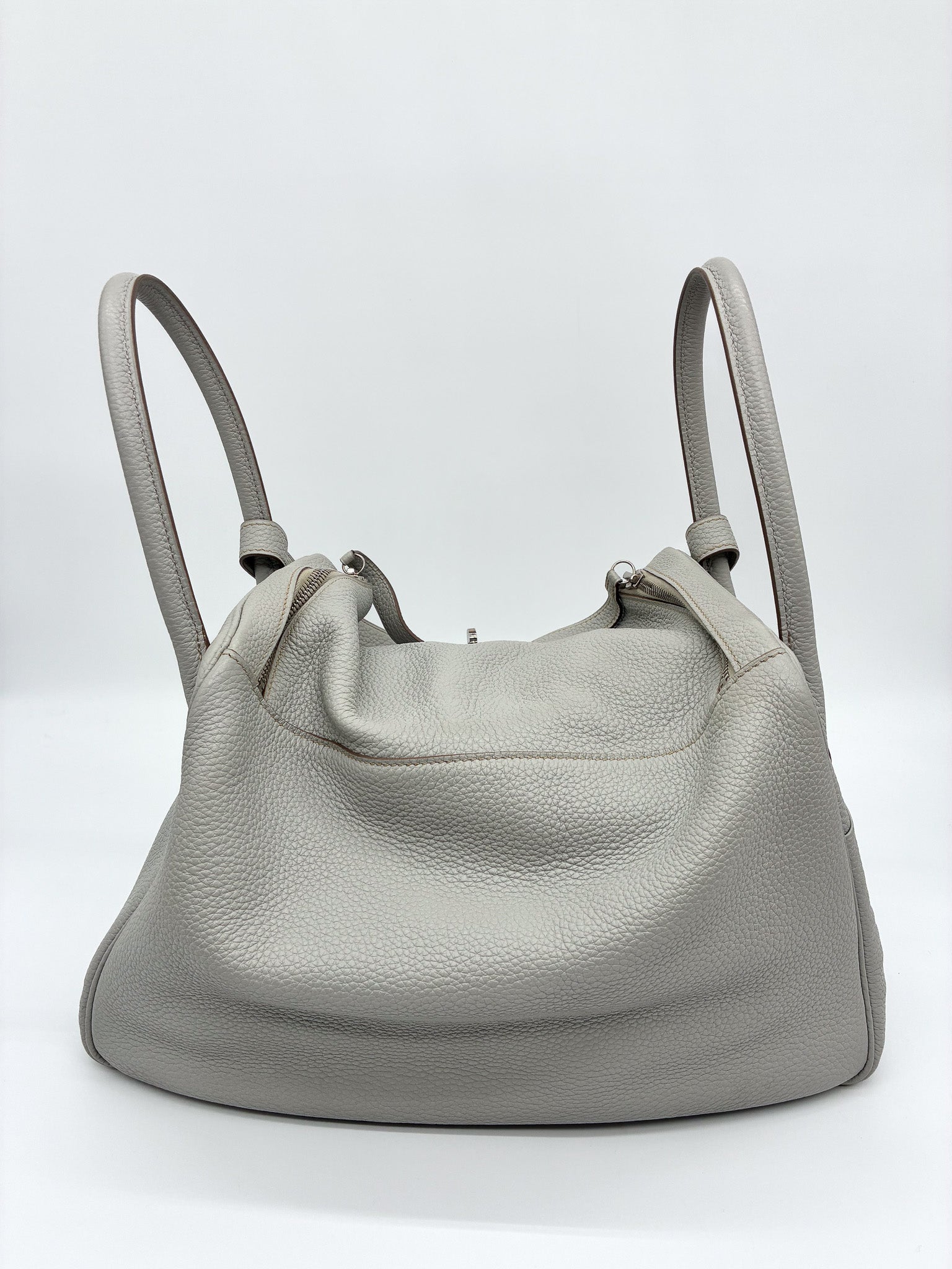 Hermes 34cm Gris Perle Clemence Leather Palladium Plated Lindy Bag