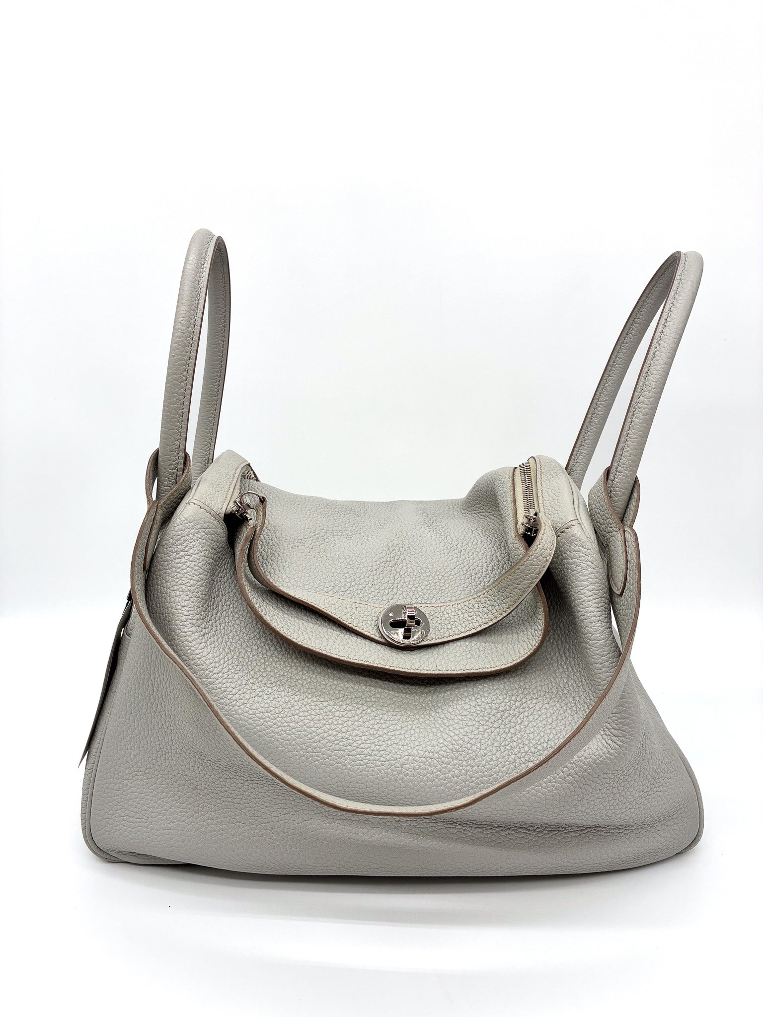 Hermes 34cm Gris Perle Clemence Leather Palladium Plated Lindy Bag