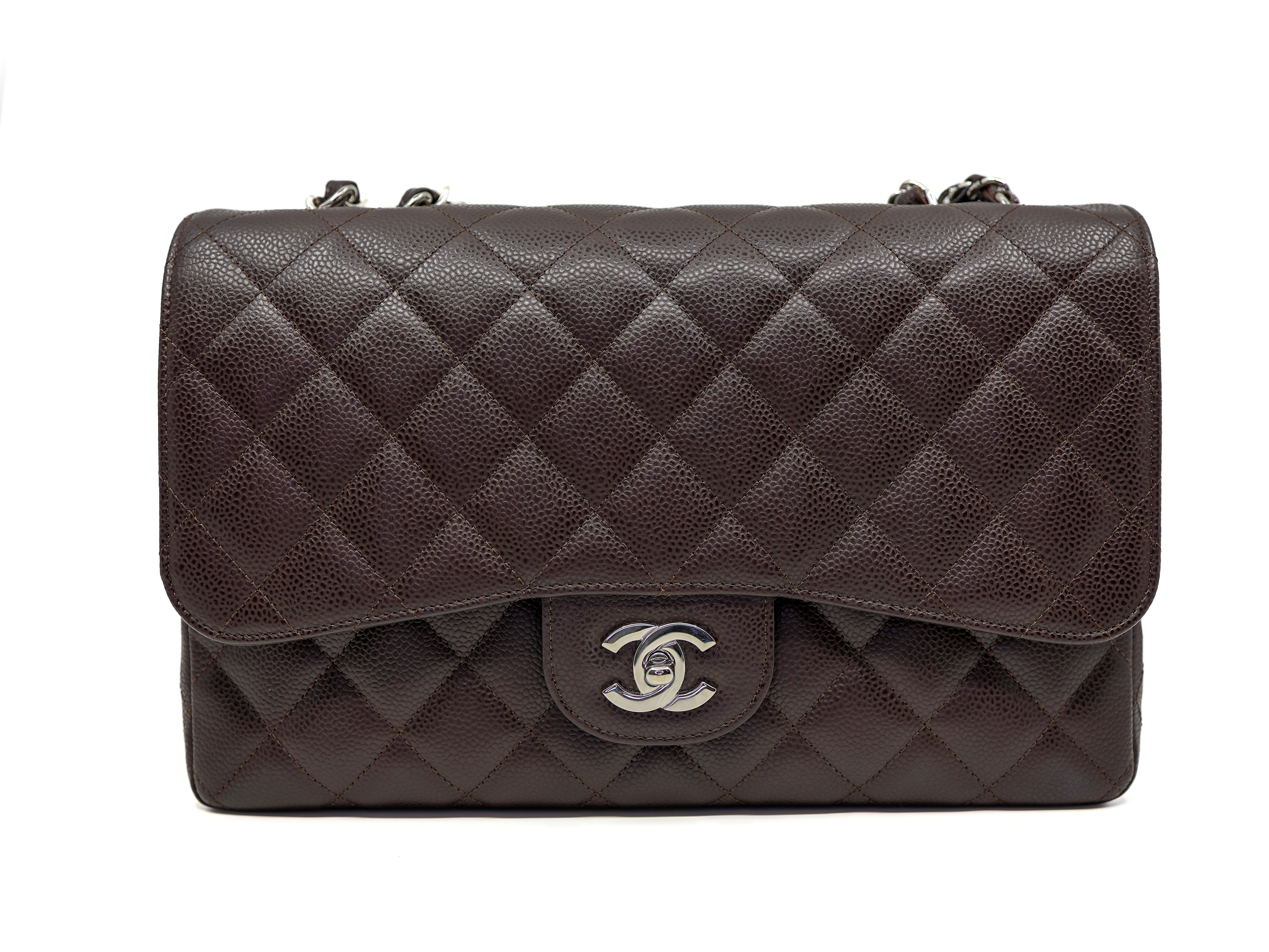 Chanel Classic Jumbo Single Flap Bag Dark Brown Quilted Caviar Leather