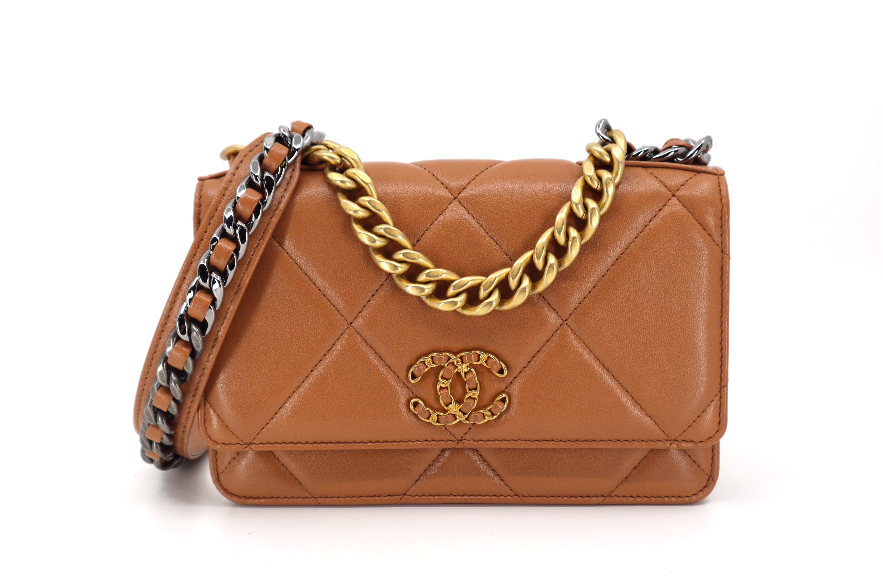 Chanel 19 Wallet on Chain WOC Dark Beige Caramel Lambskin mixed hardware