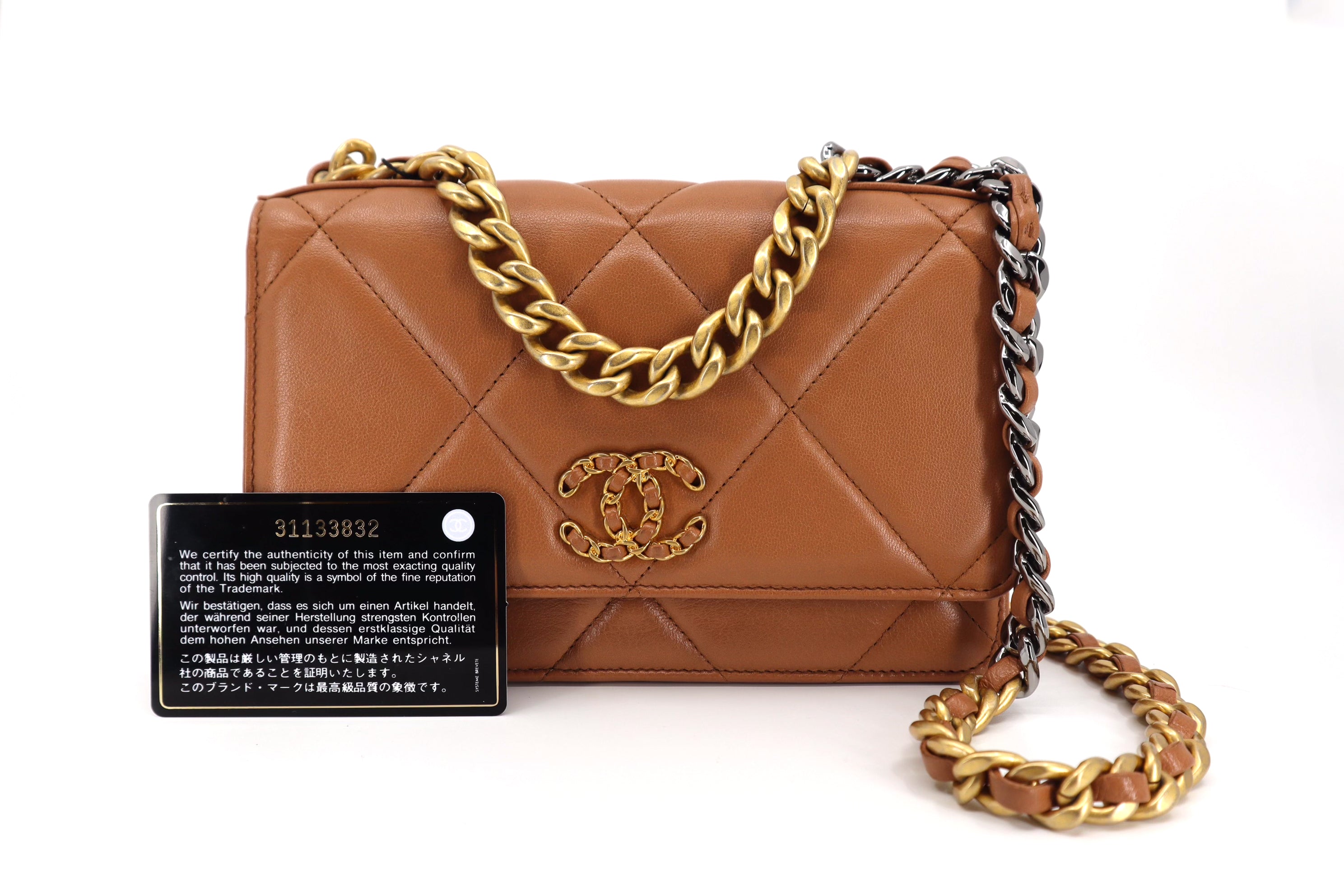 Chanel 19 Wallet on Chain WOC Dark Beige Caramel Lambskin mixed hardware