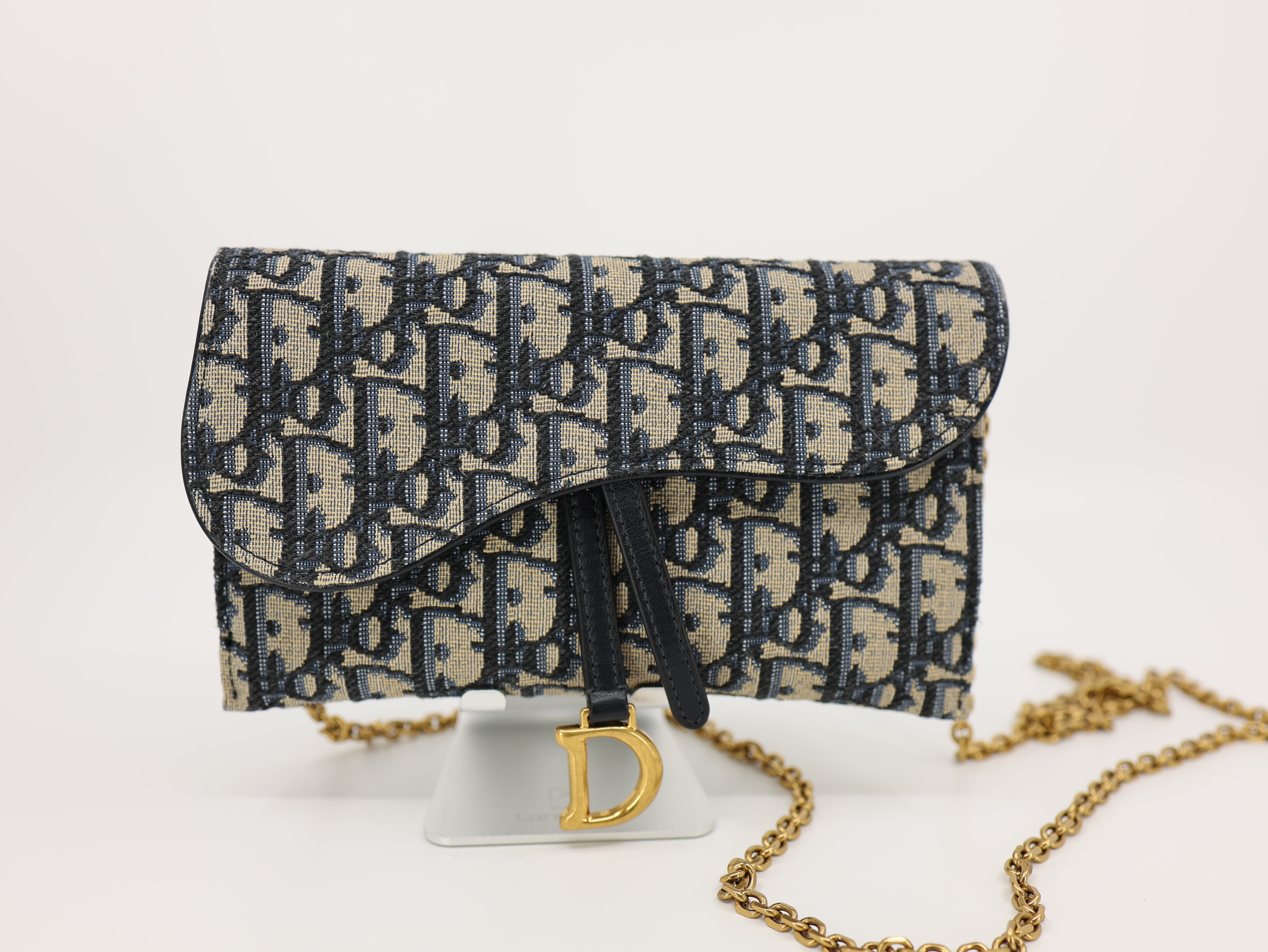 Dior Saddle Wallet On Chain in Blue Dior Oblique Jacquard