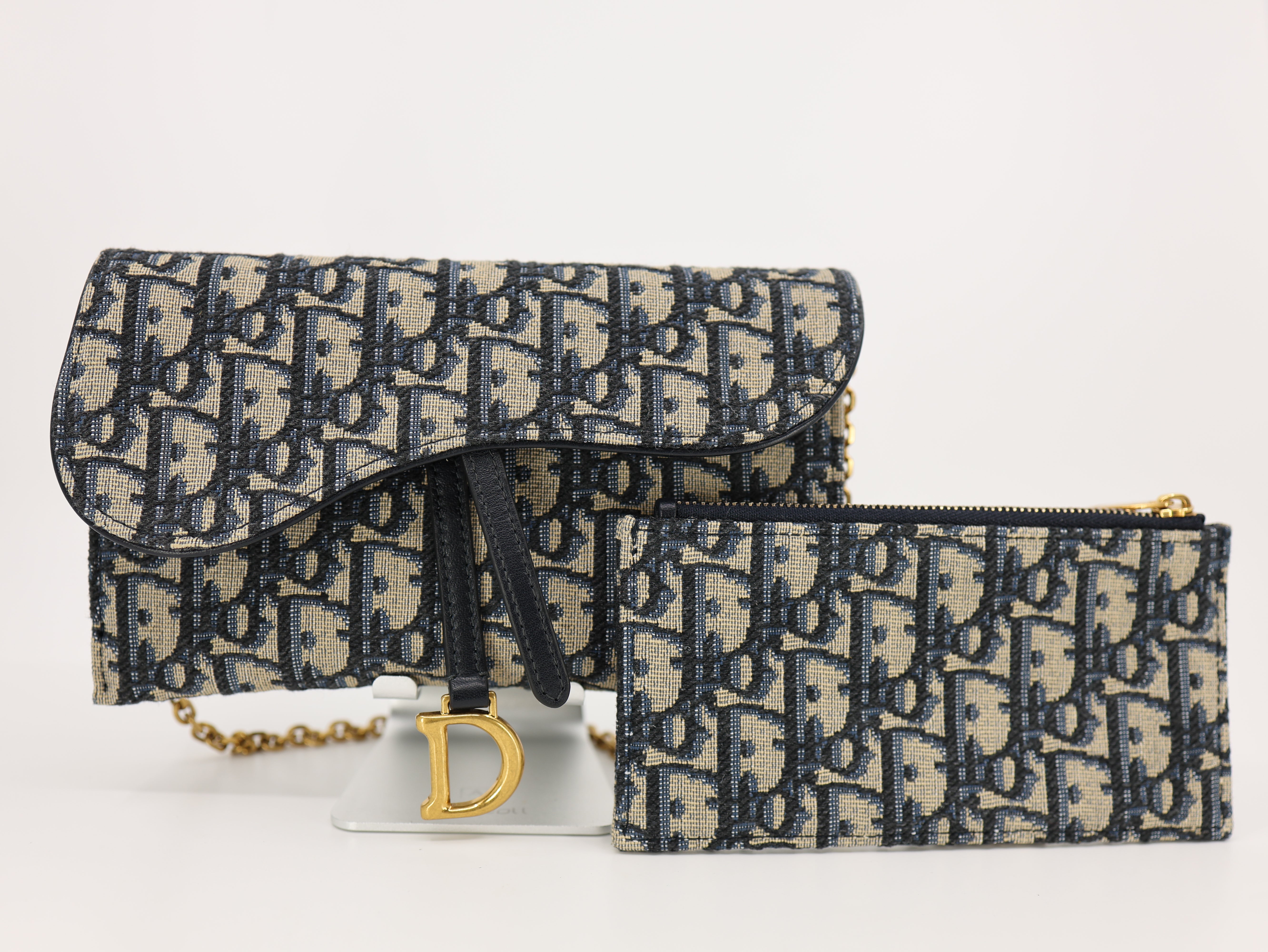 Dior Saddle Wallet On Chain in Blue Dior Oblique Jacquard