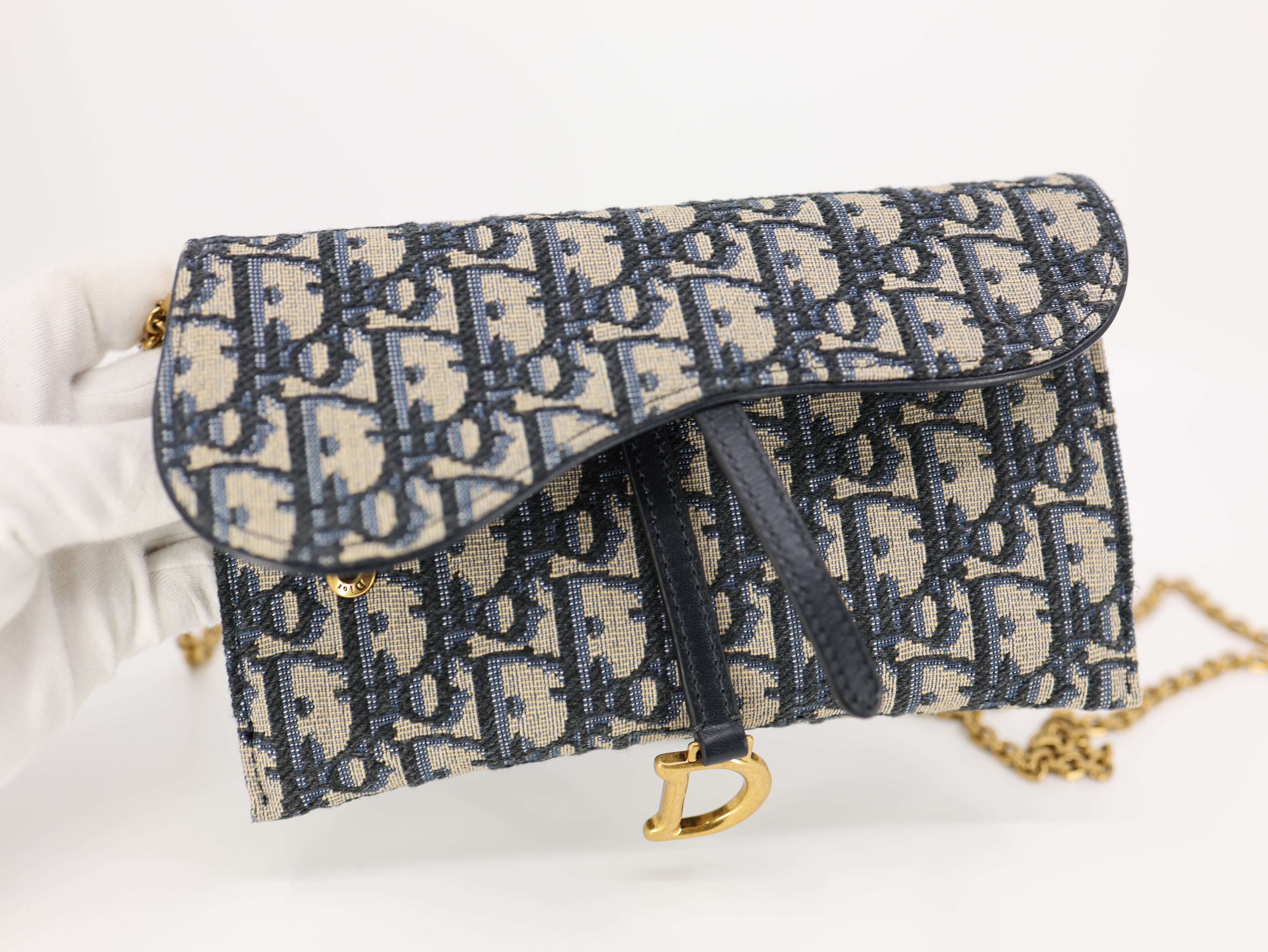 Dior Saddle Wallet On Chain in Blue Dior Oblique Jacquard