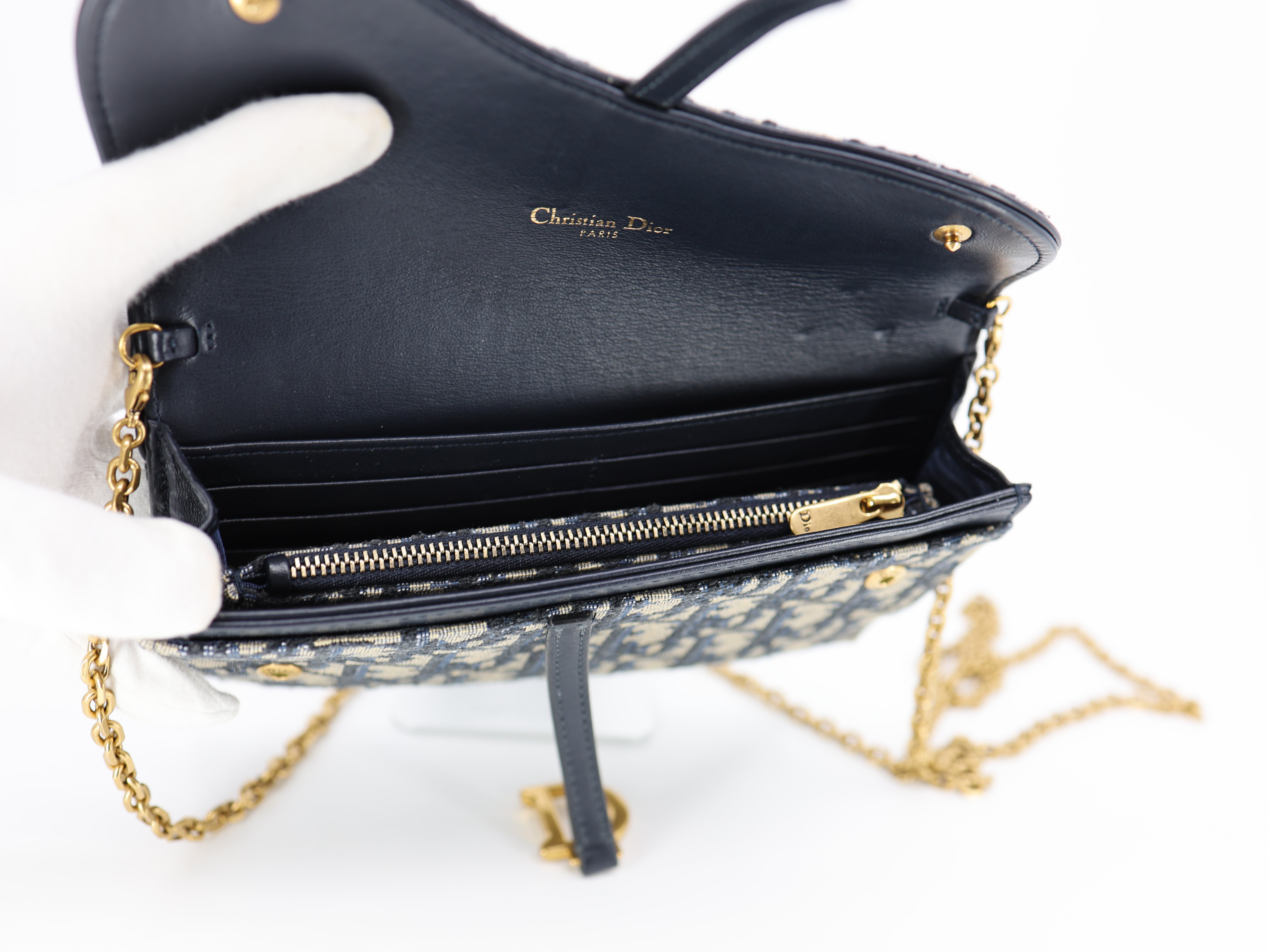 Dior Saddle Wallet On Chain in Blue Dior Oblique Jacquard