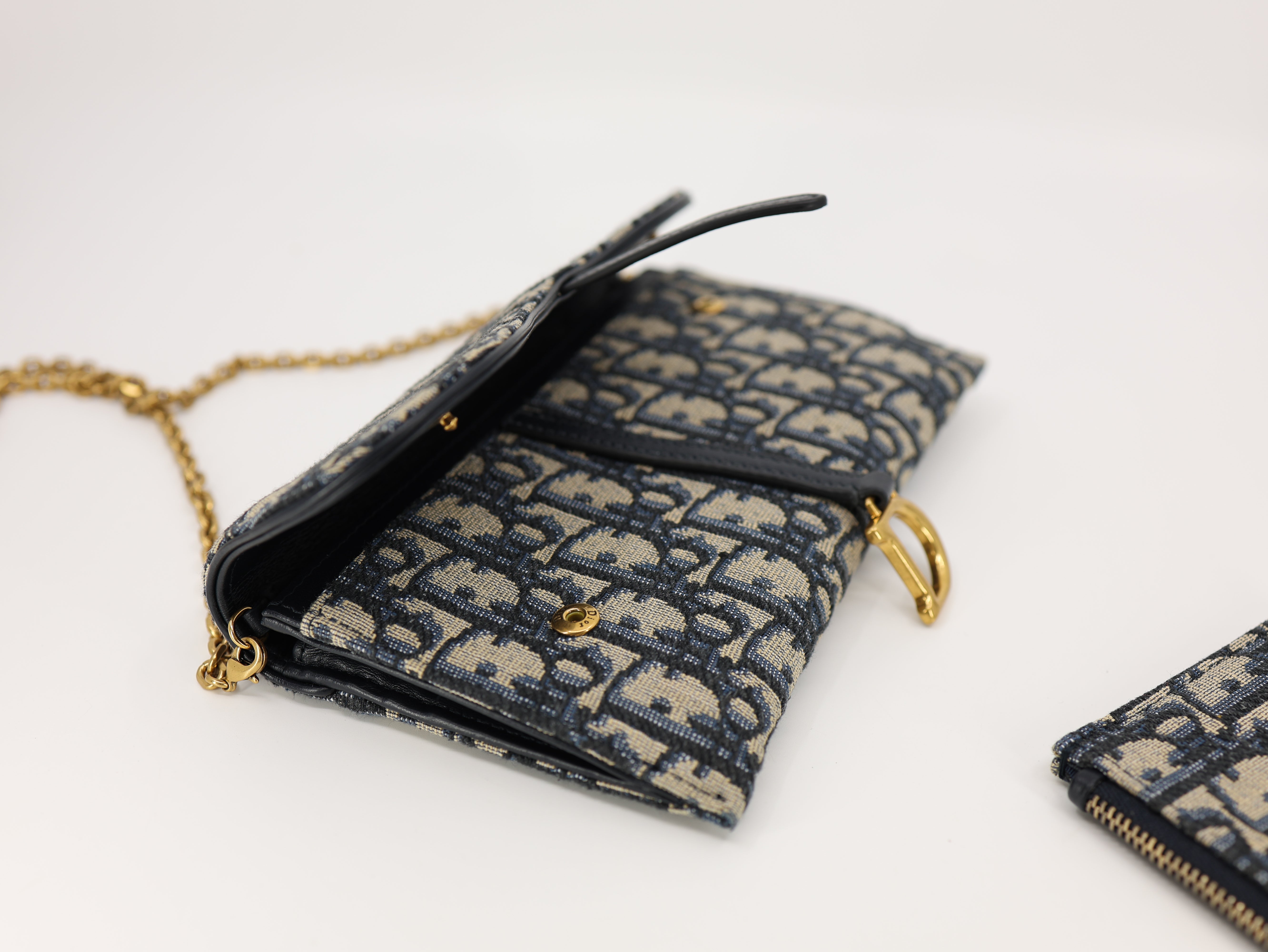 Dior Saddle Wallet On Chain in Blue Dior Oblique Jacquard