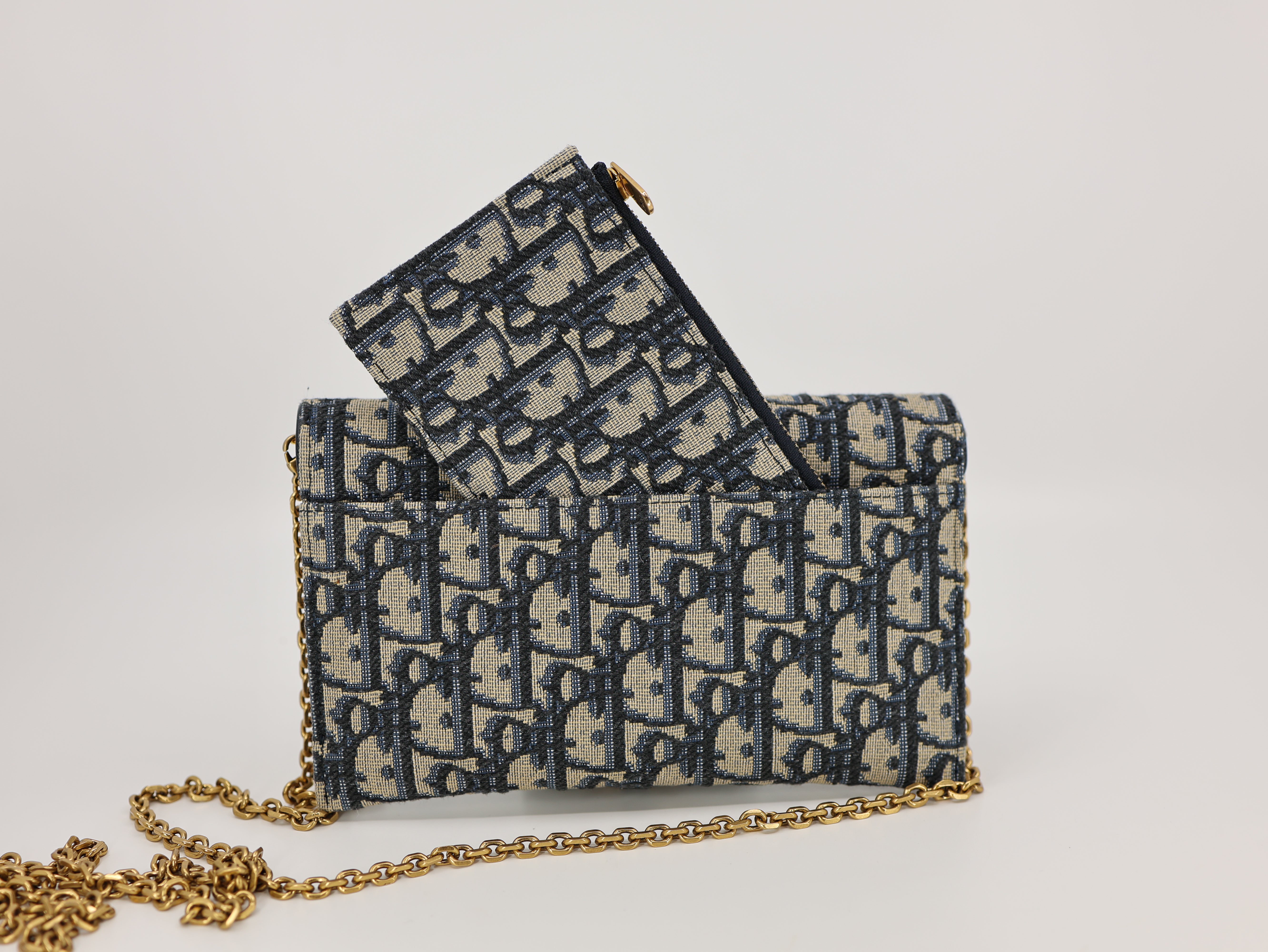 Dior Saddle Wallet On Chain in Blue Dior Oblique Jacquard