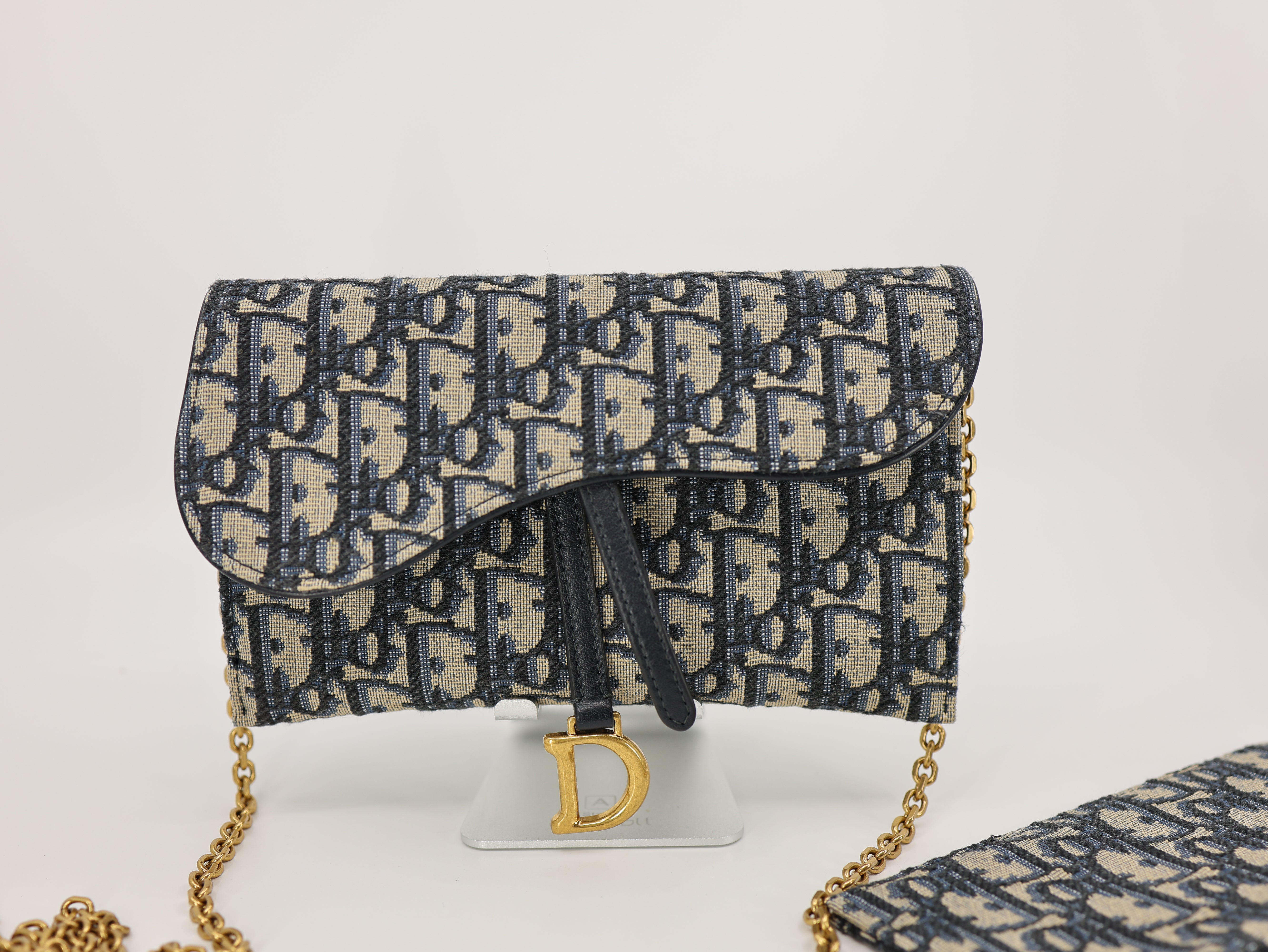 Dior Saddle Wallet On Chain in Blue Dior Oblique Jacquard