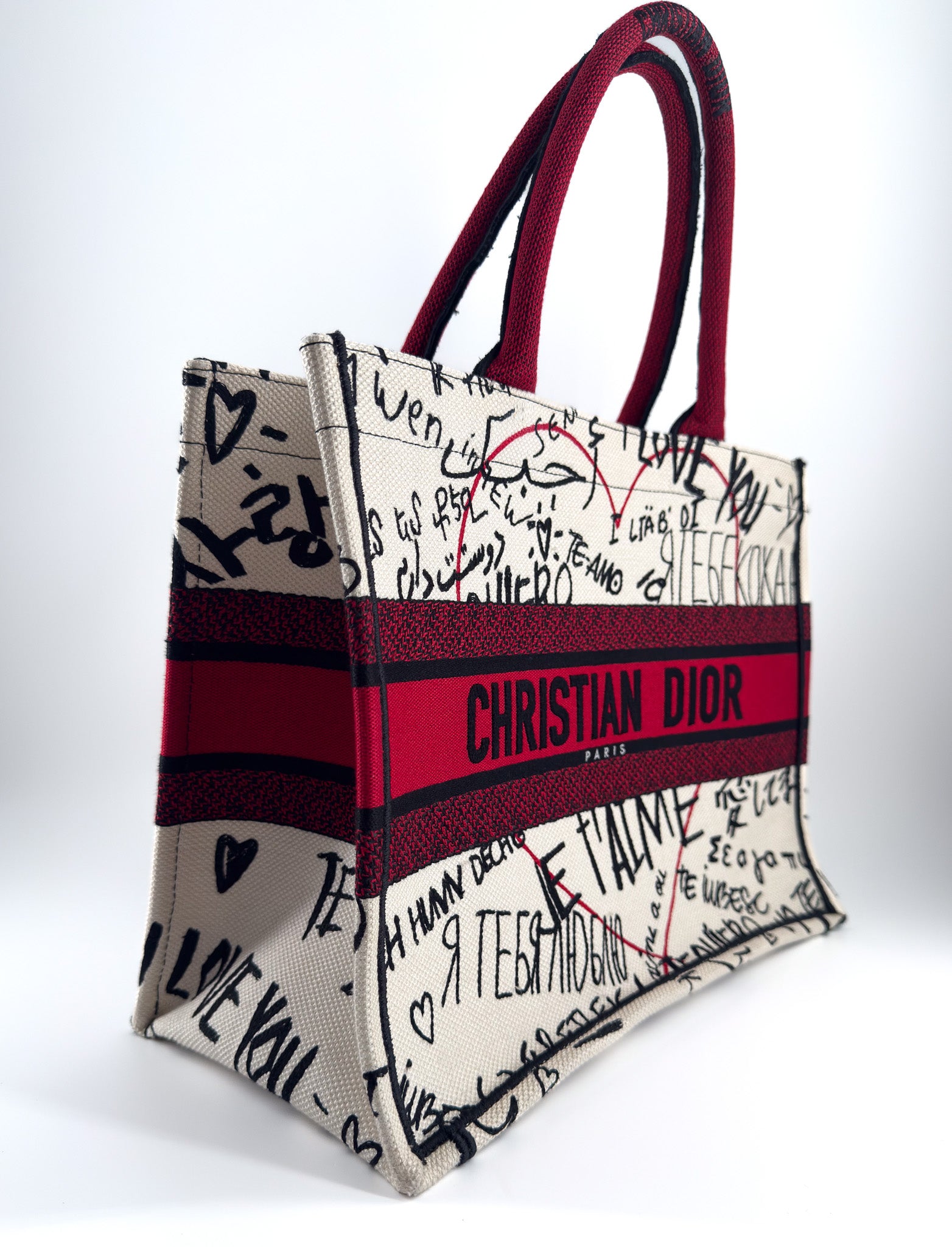 CHRISTIAN DIOR Canvas Embroidered Medium Dioramour Graffiti Book Tote Latte Multicolor