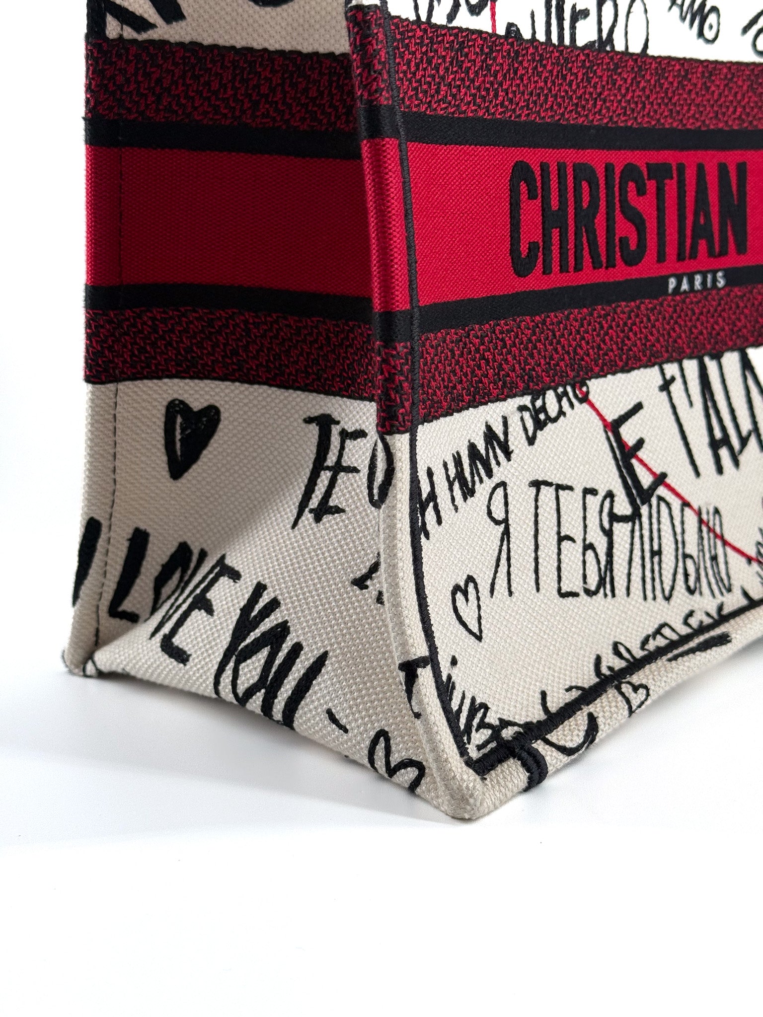 CHRISTIAN DIOR Canvas Embroidered Medium Dioramour Graffiti Book Tote Latte Multicolor