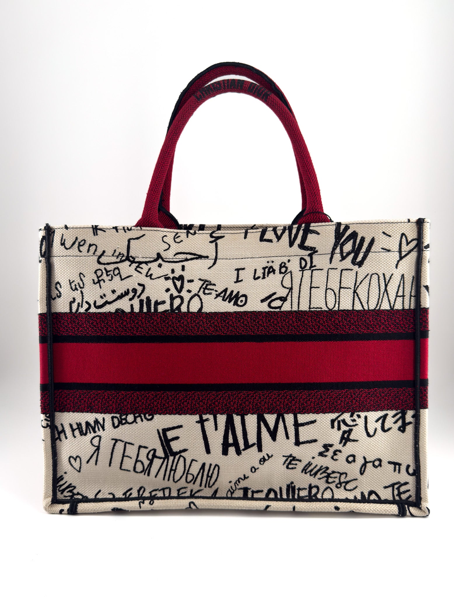 CHRISTIAN DIOR Canvas Embroidered Medium Dioramour Graffiti Book Tote Latte Multicolor