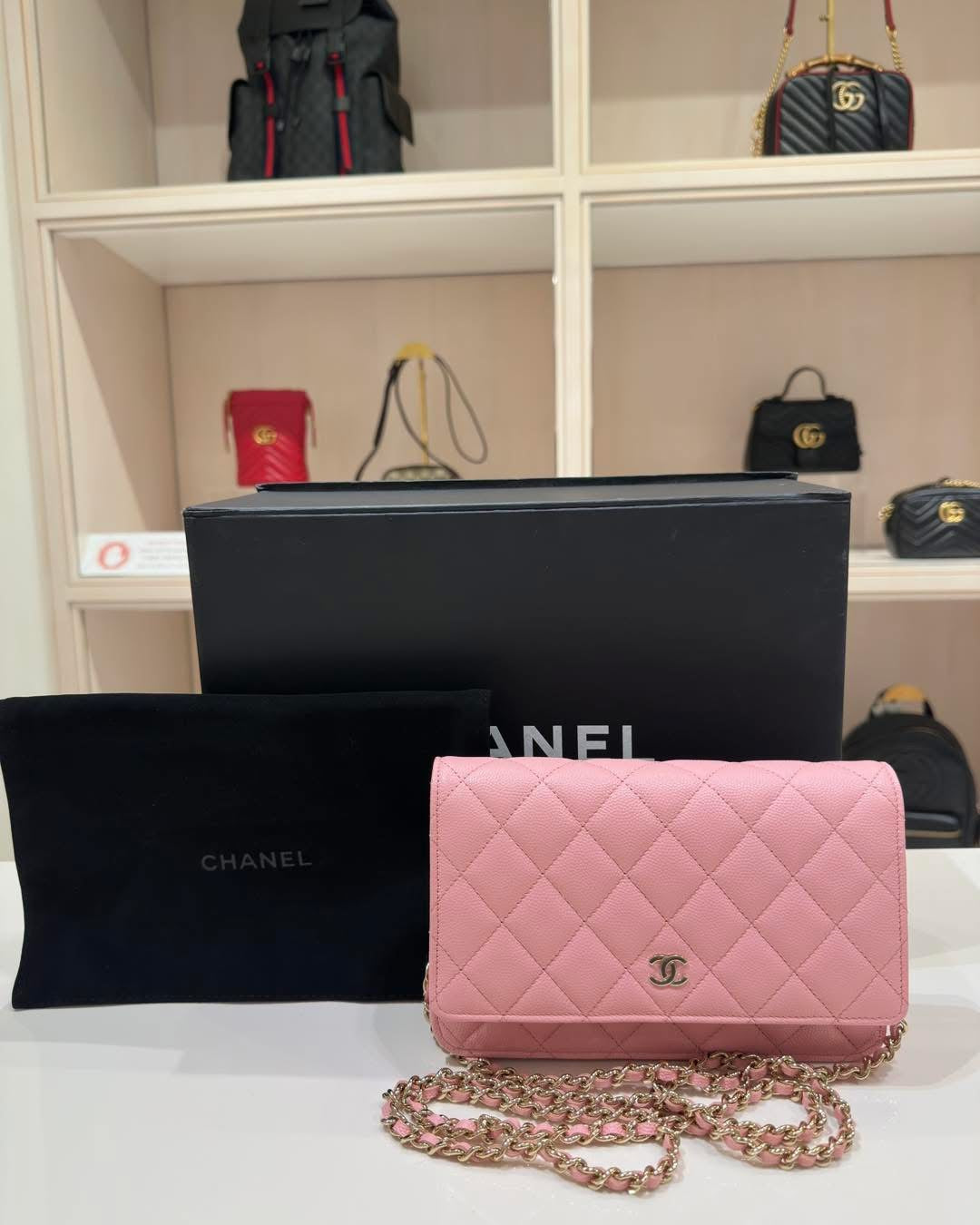 Pink Chanel Classic Caviar Wallet On Chain Crossbody Bag
