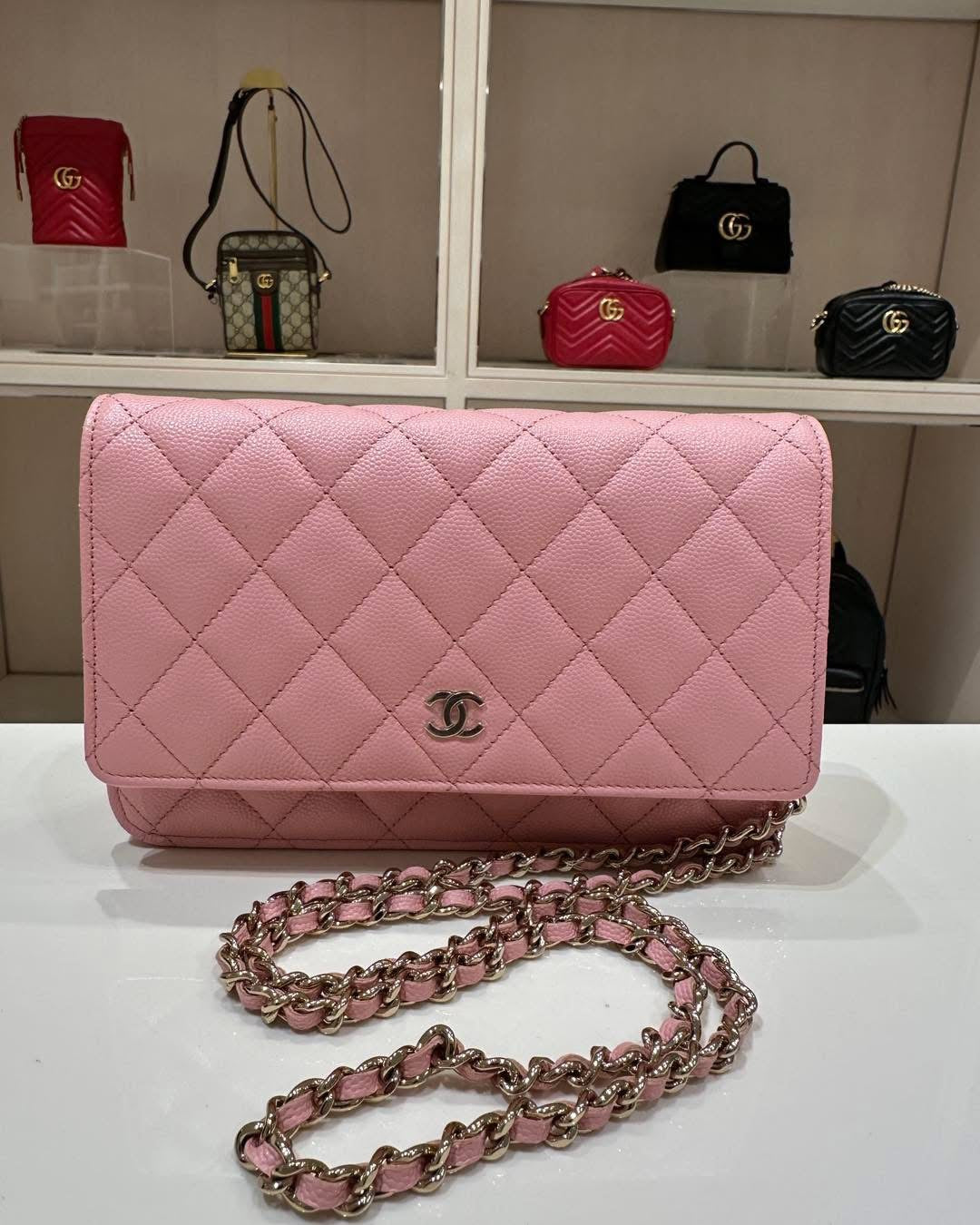 Pink Chanel Classic Caviar Wallet On Chain Crossbody Bag