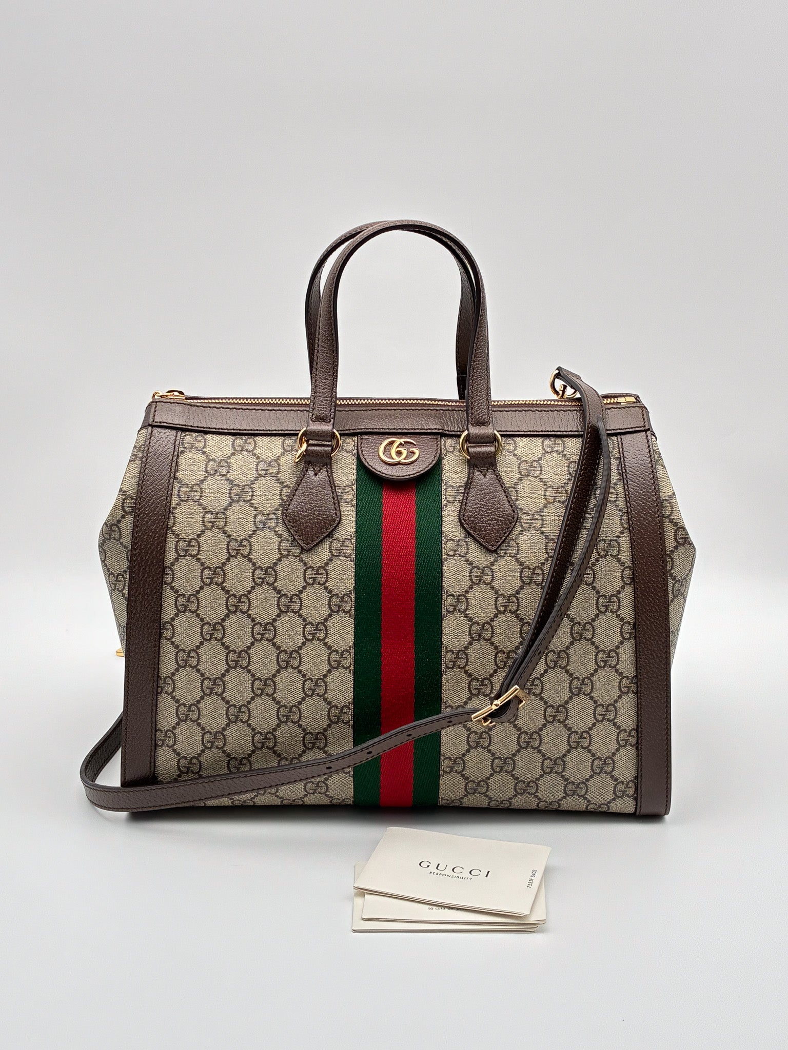 Gucci GG Supreme Monogram Web Medium Ophidia Tote Bag Brown