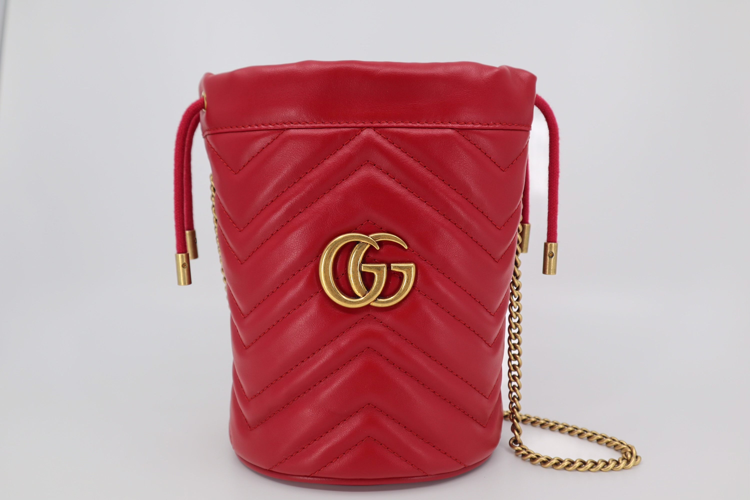 Gucci Calfskin Matelasse Mini GG Marmont 2.0 Bucket Bag Hibiscus Red