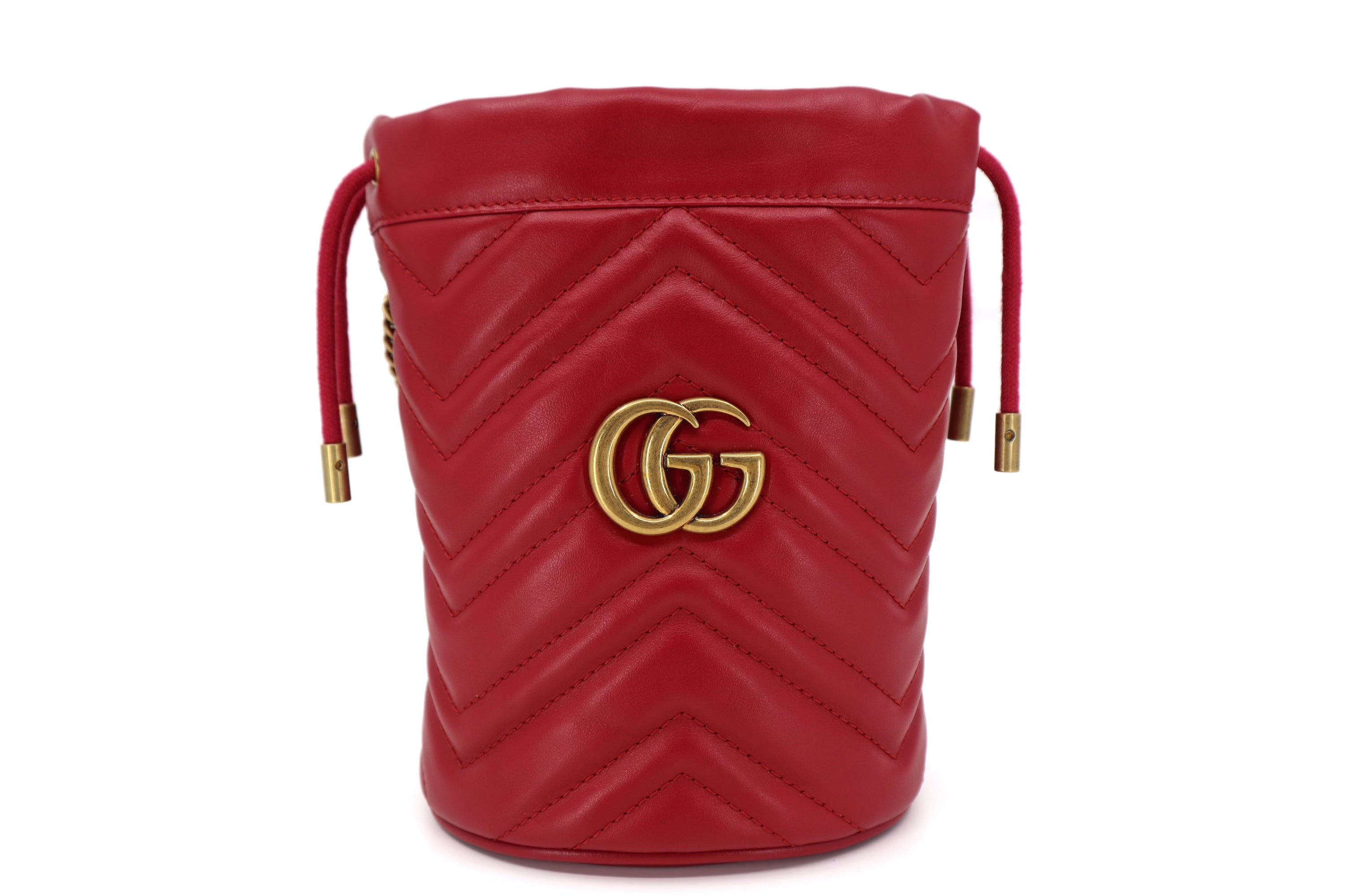 Gucci Calfskin Matelasse Mini GG Marmont 2.0 Bucket Bag Hibiscus Red