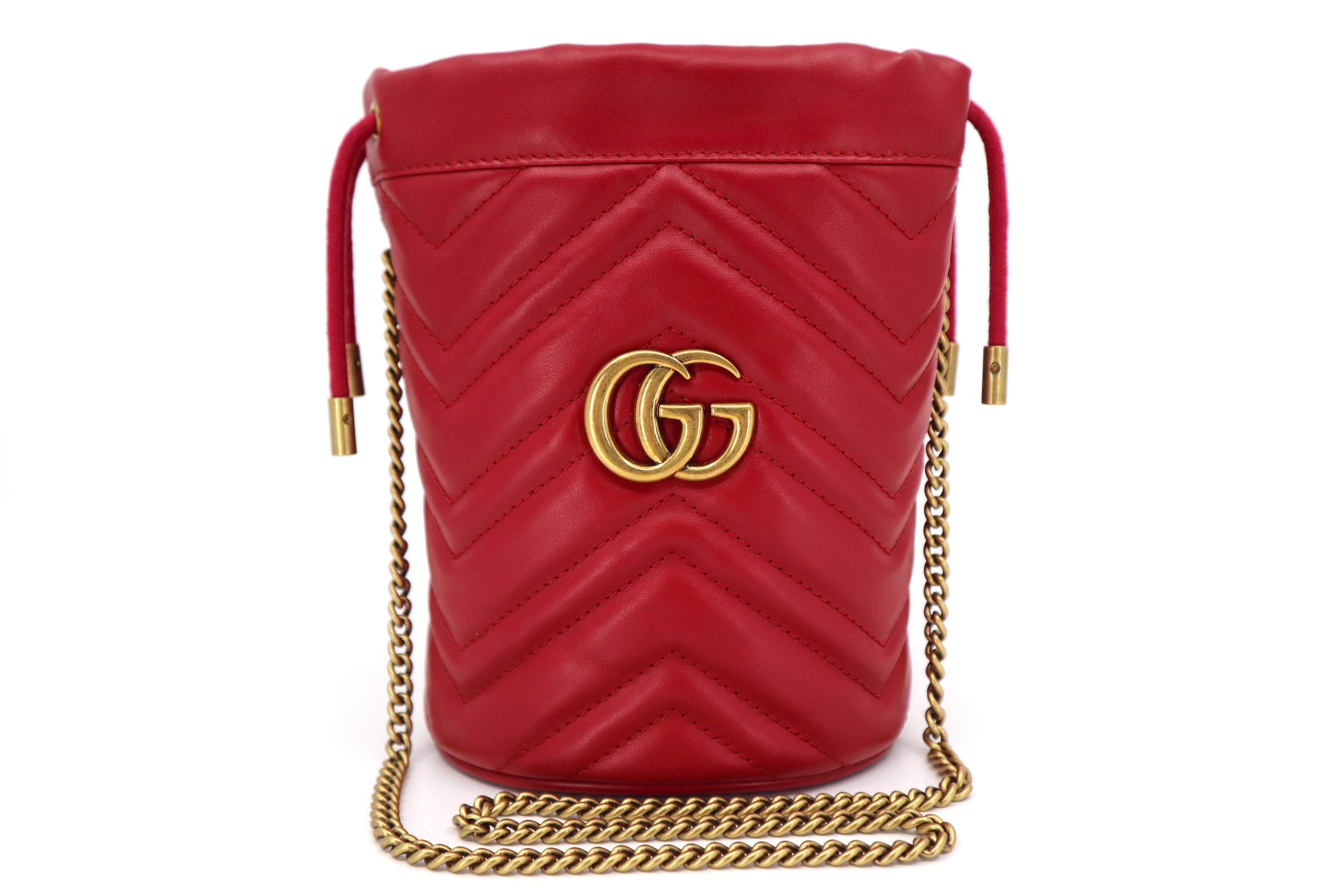 Gucci Calfskin Matelasse Mini GG Marmont 2.0 Bucket Bag Hibiscus Red