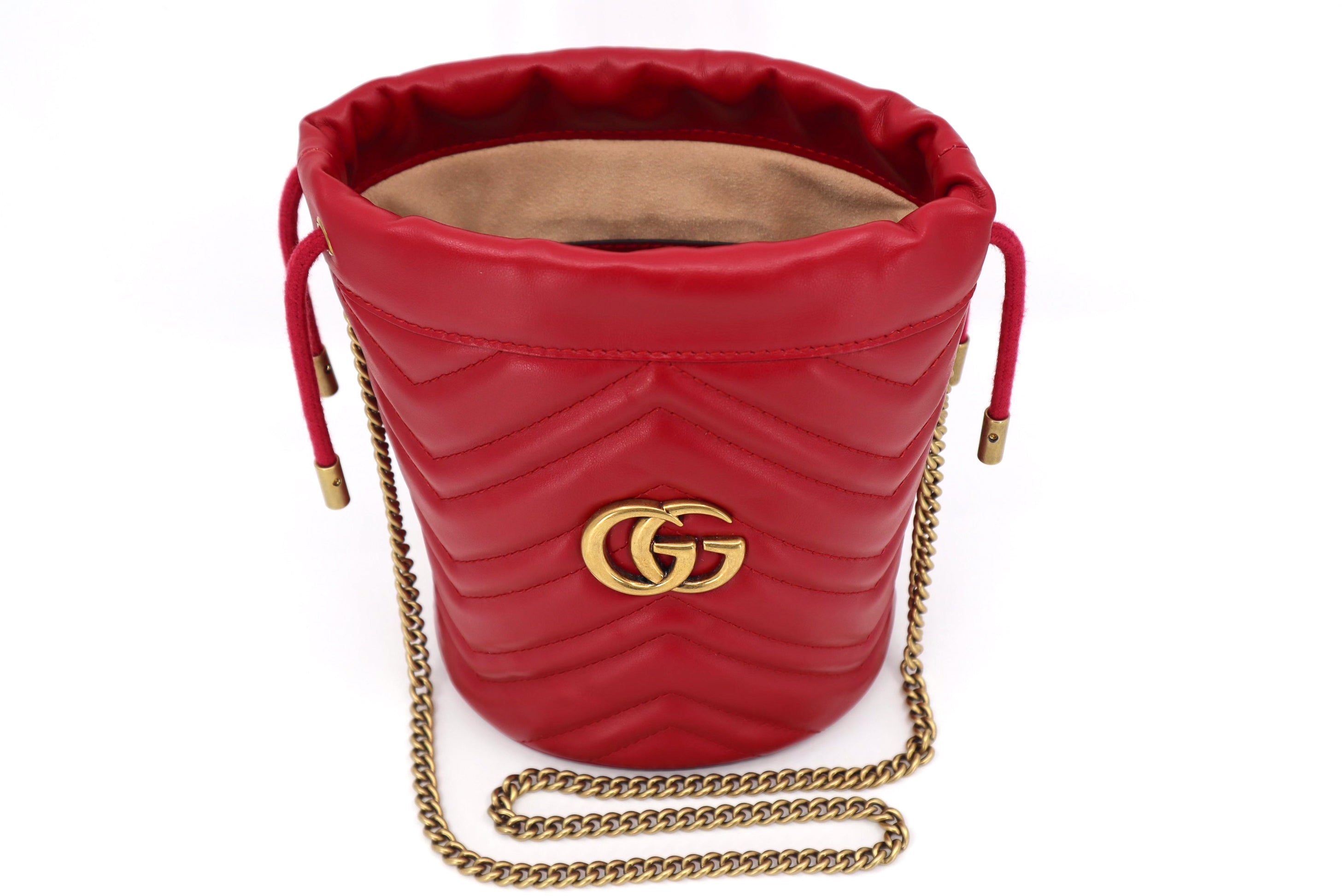 Gucci Calfskin Matelasse Mini GG Marmont 2.0 Bucket Bag Hibiscus Red