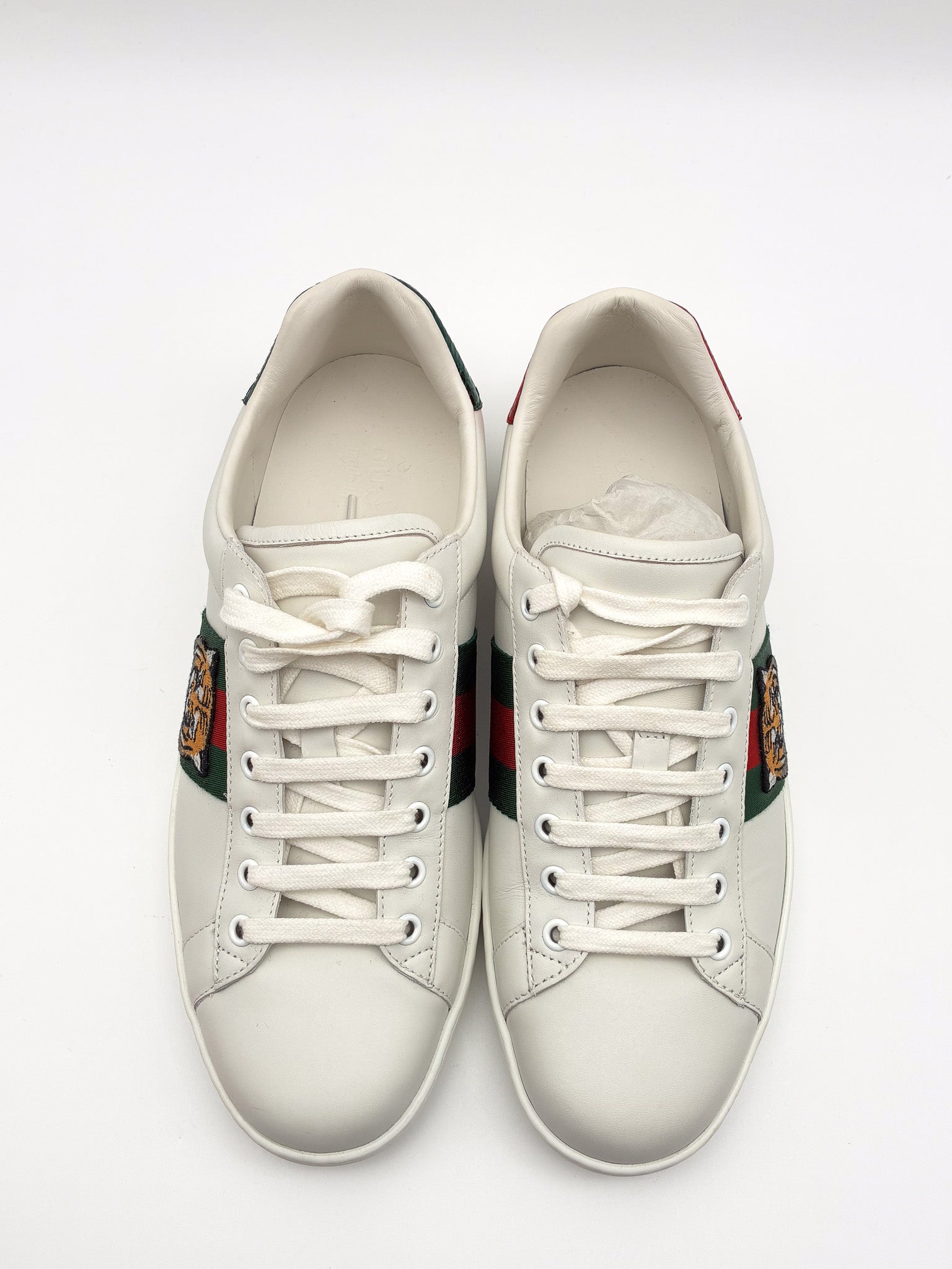 GUCCI Ace Tiger Embroidered Low-Top Sneakers – White / Green / Red Mens Size 8.5