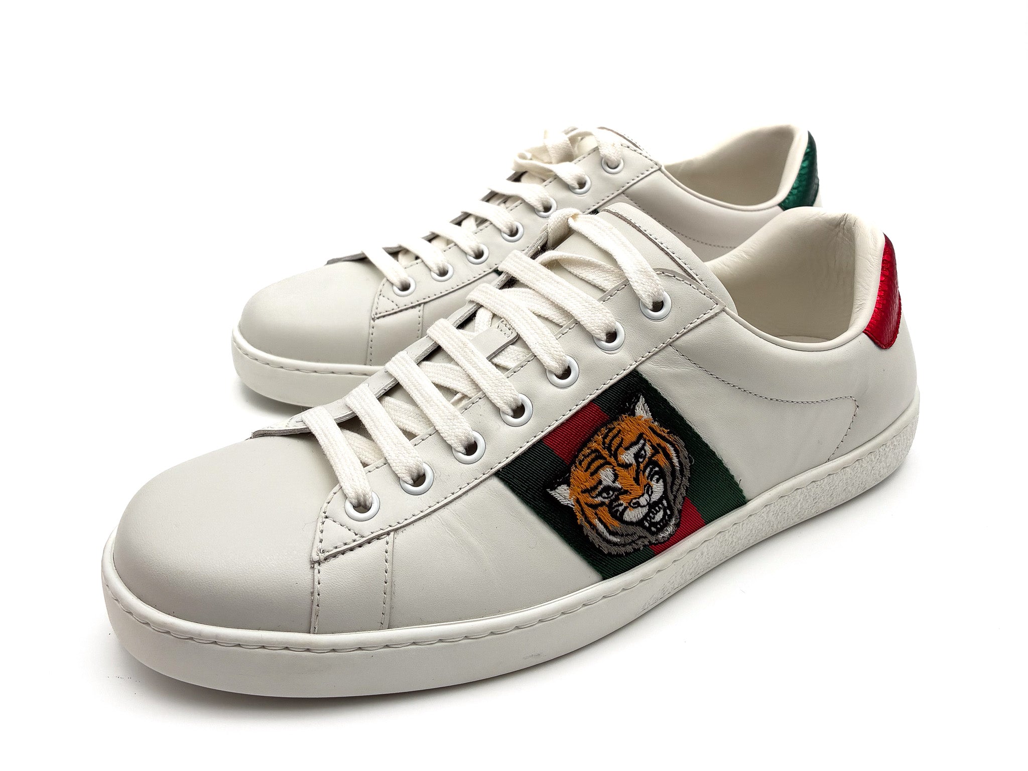 GUCCI Ace Tiger Embroidered Low-Top Sneakers – White / Green / Red Mens Size 8.5
