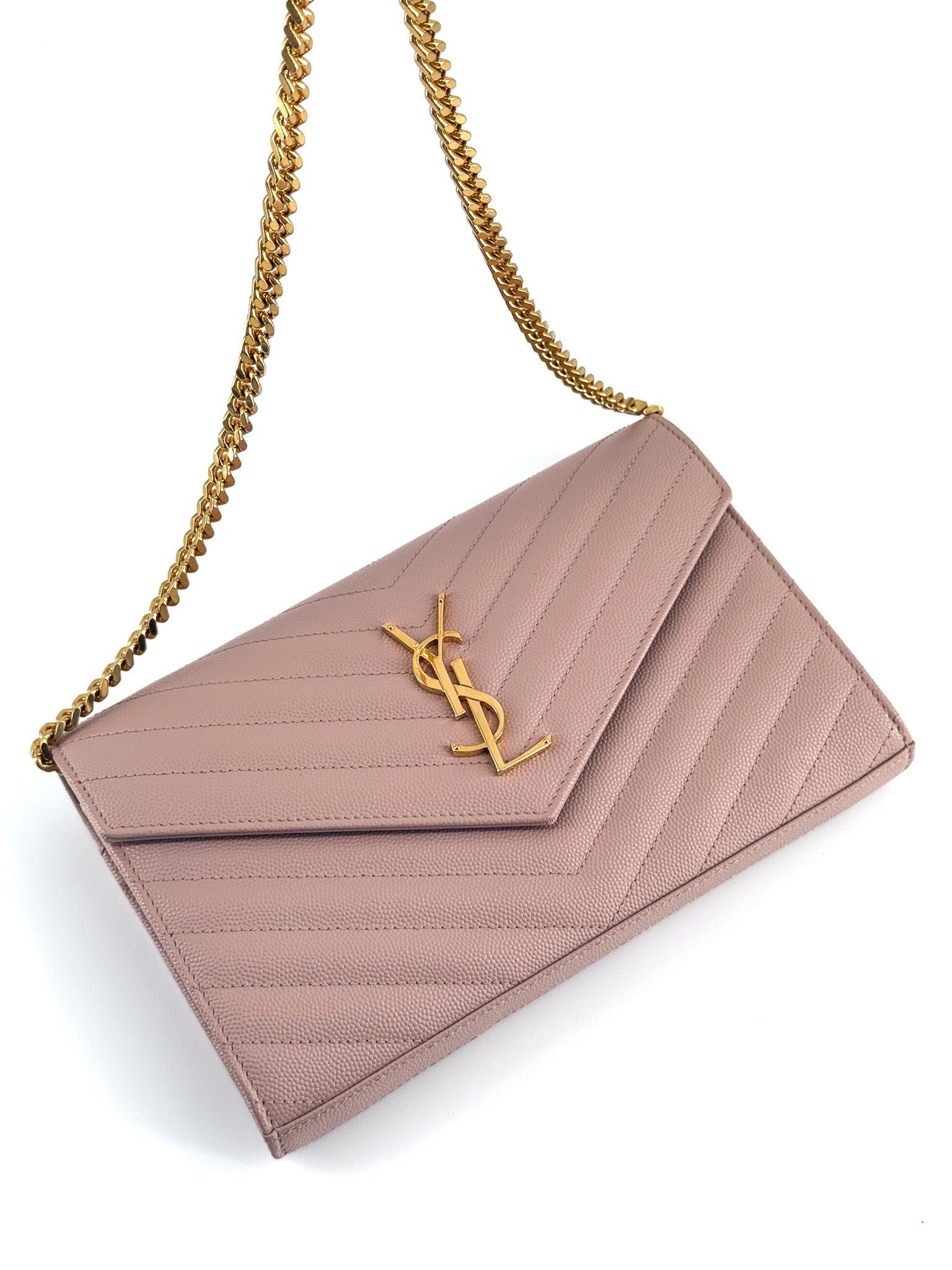 Saint Laurent Grain De Poudre Matelasse Chevron Monogram WOC Pink