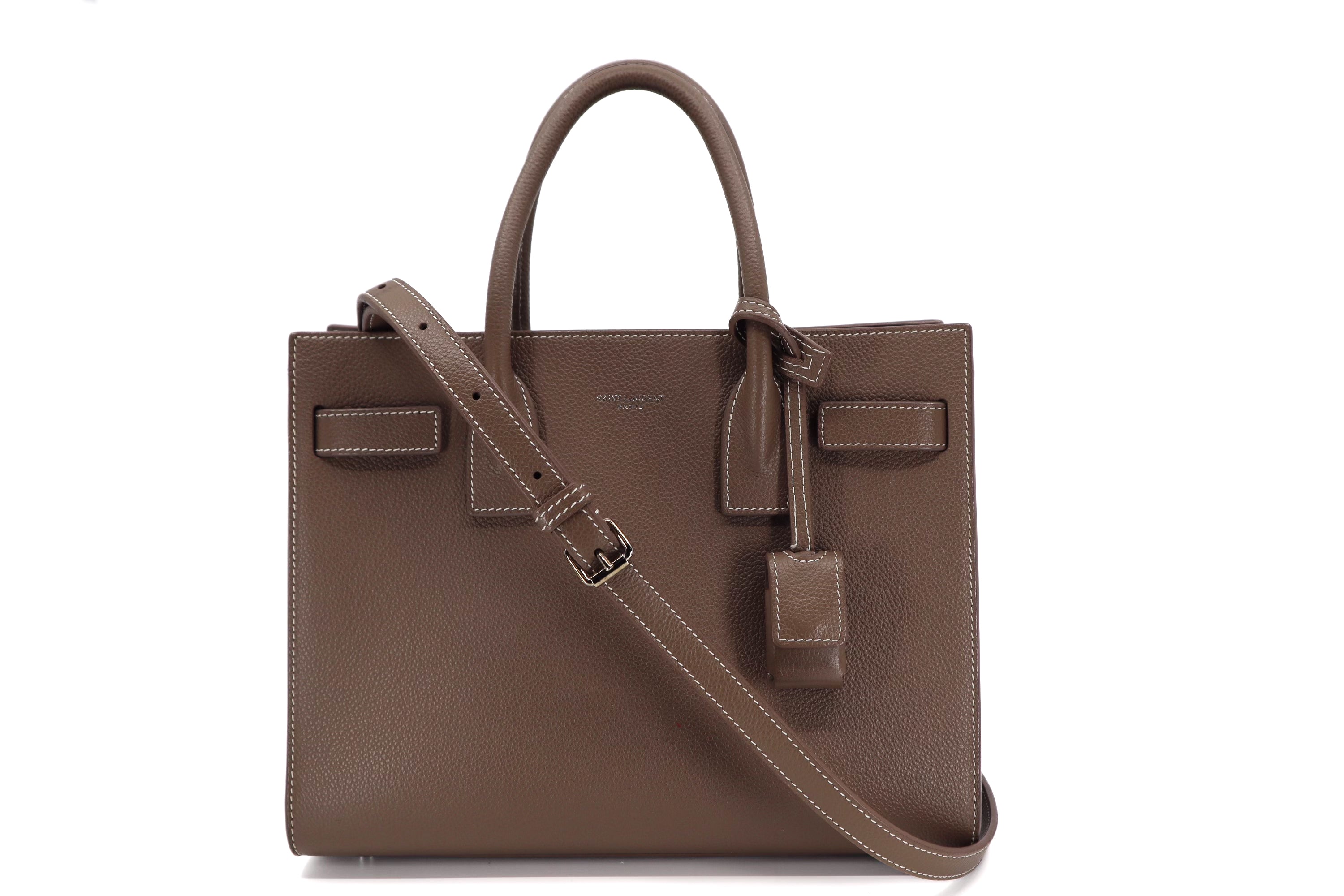 Saint Laurent Grained Calfskin Topstich Baby Sac De Jour Taupe