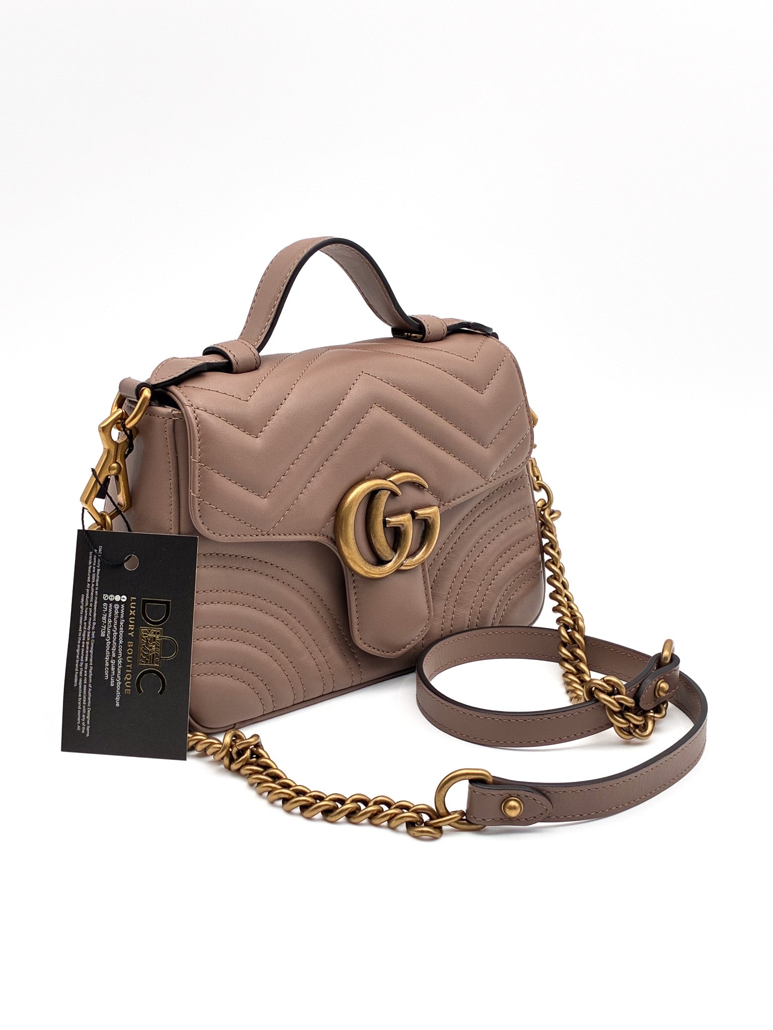 Gucci GG Marmont Mini Top Handle Bag in Dusty Pink Matelasse Chevron Leather GHW