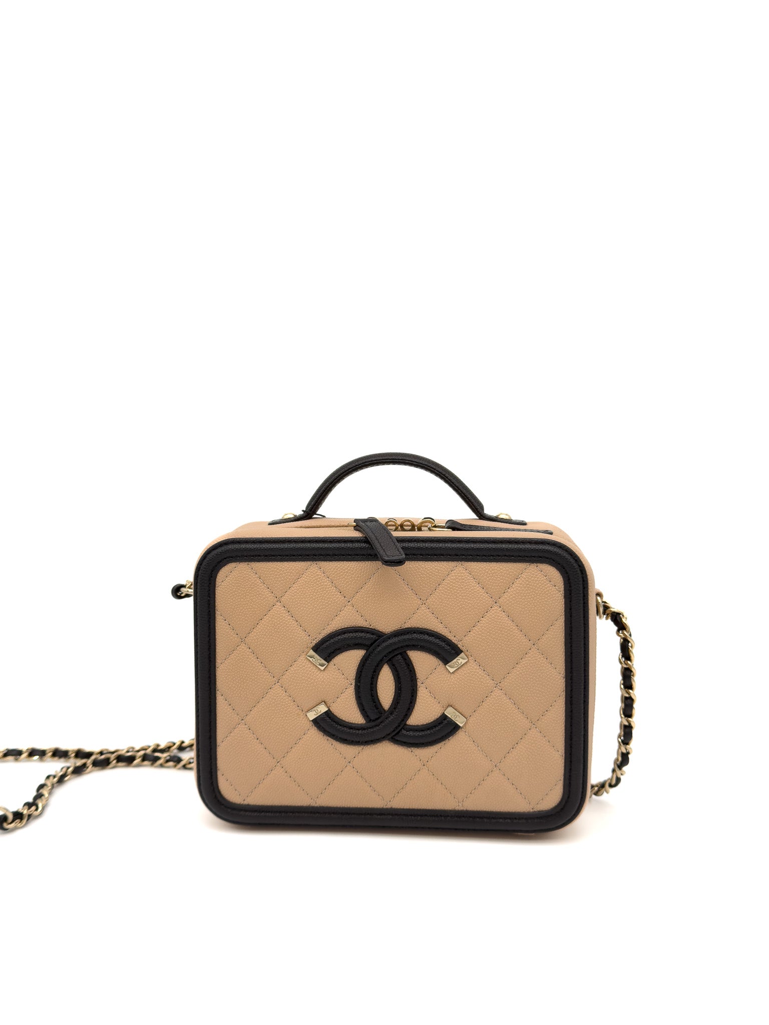 Chanel Caviar Quilted Small CC Filigree Vanity Case Beige Black