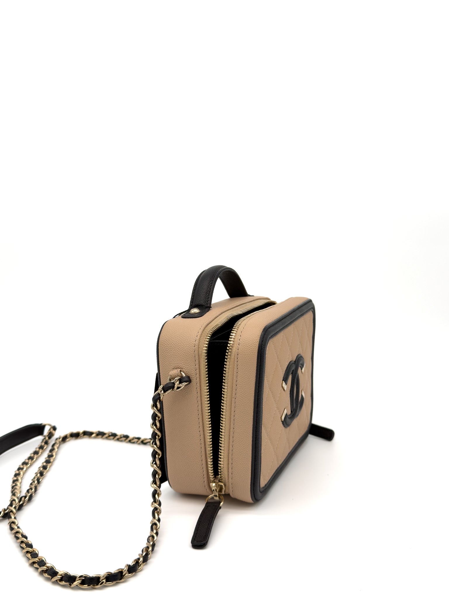 Chanel Caviar Quilted Small CC Filigree Vanity Case Beige Black