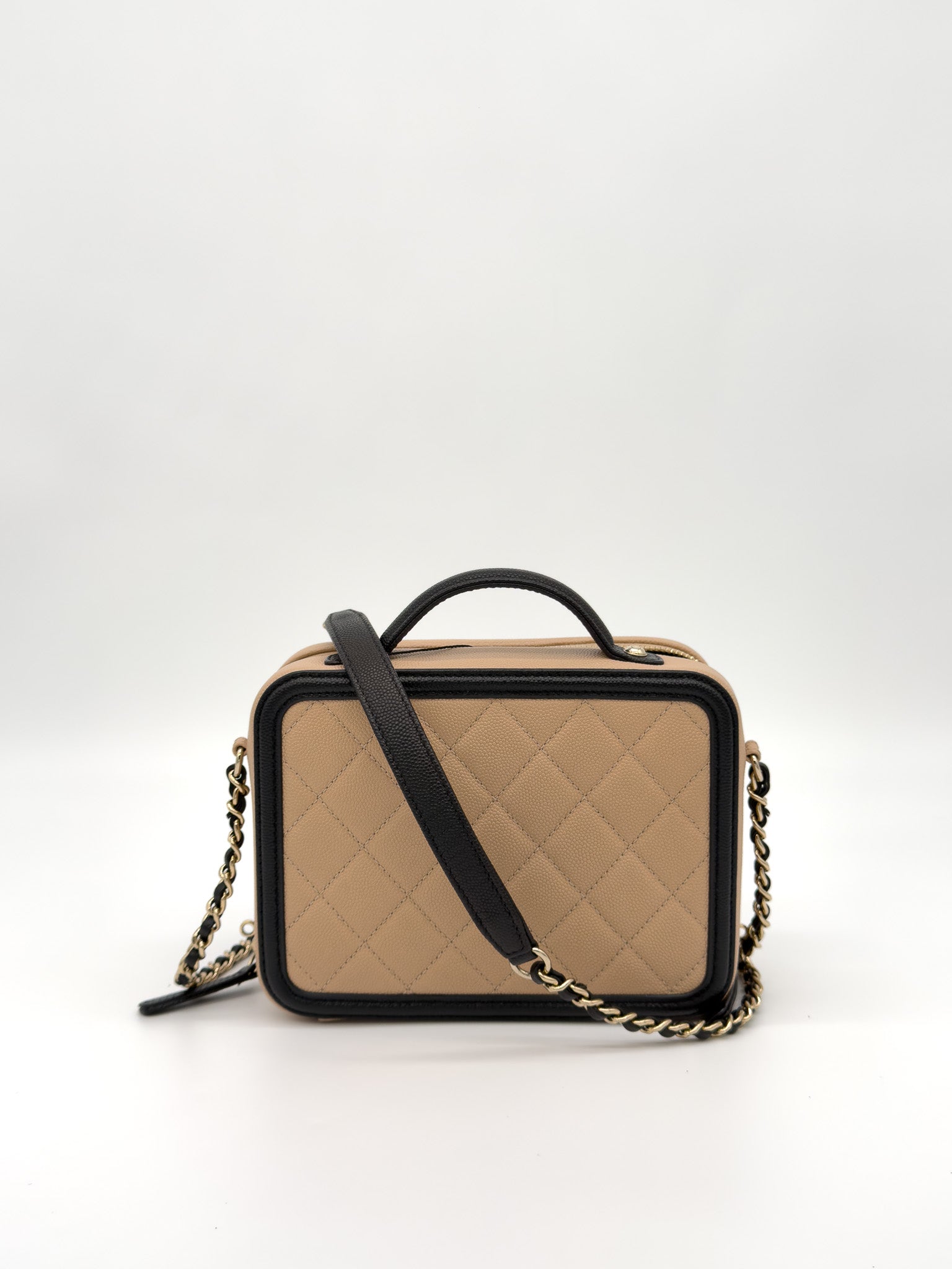 Chanel Caviar Quilted Small CC Filigree Vanity Case Beige Black