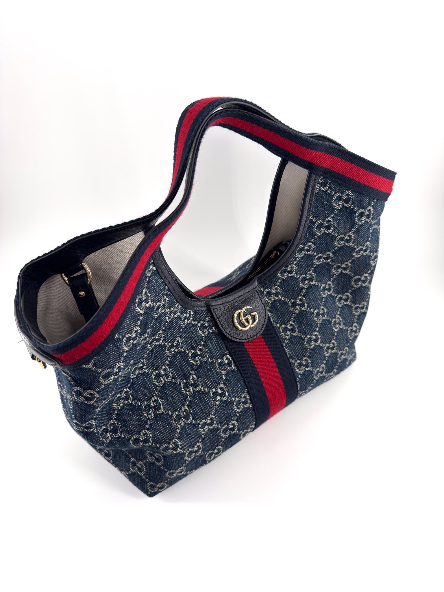 Gucci Denim GG Monogram Web Small Giglio Tote blue and white