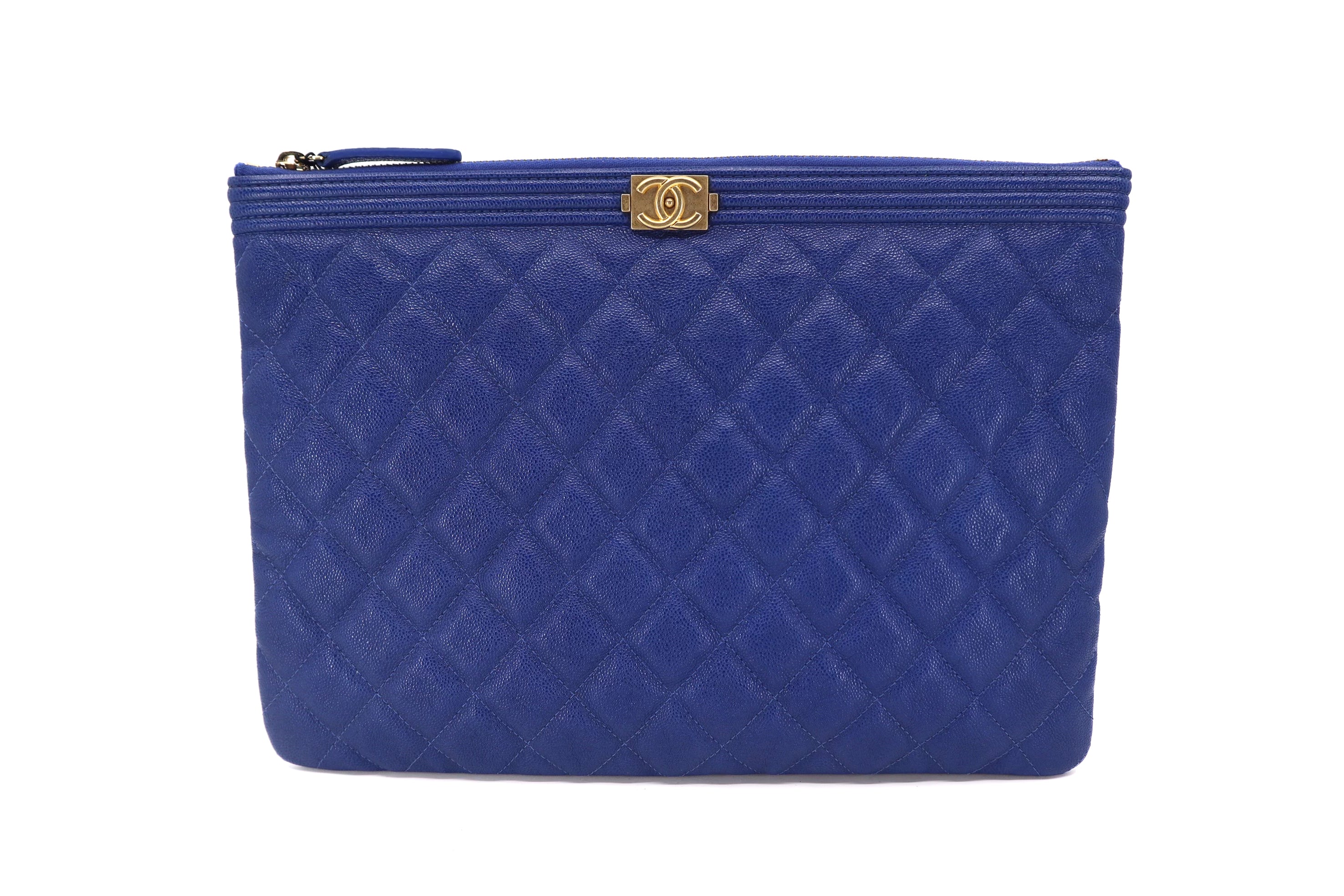 Chanel 19C Indigo Blue Caviar Quilted Boy O-Case Clutch Pouch Bag