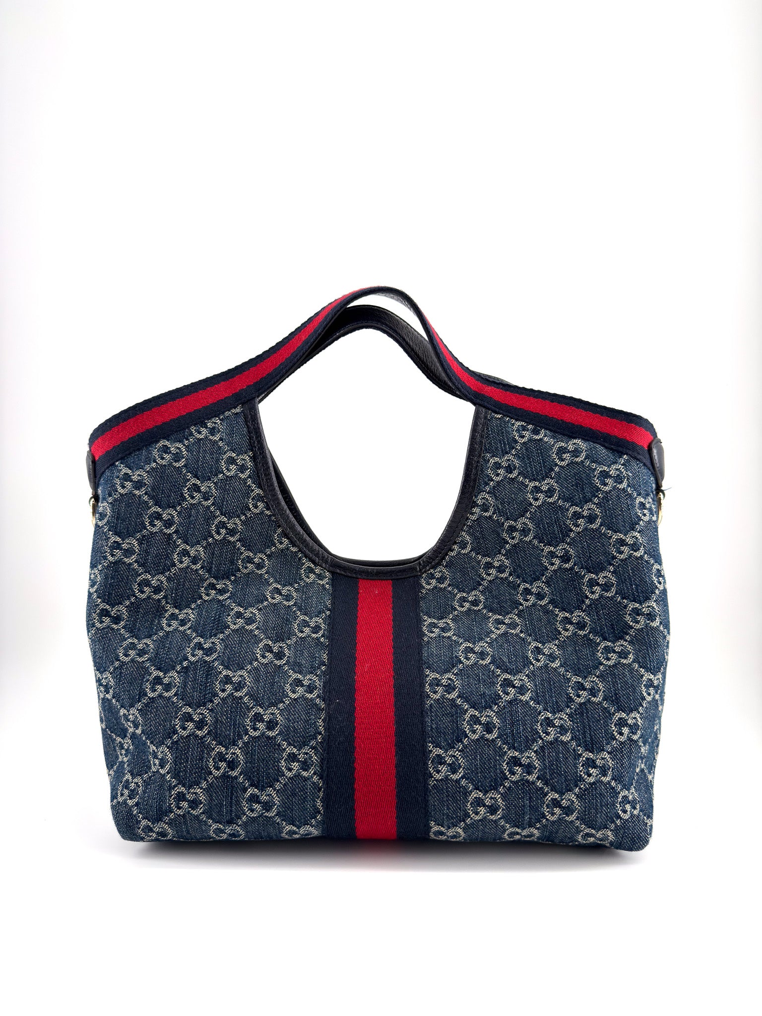 Gucci Denim GG Monogram Web Small Giglio Tote blue and white