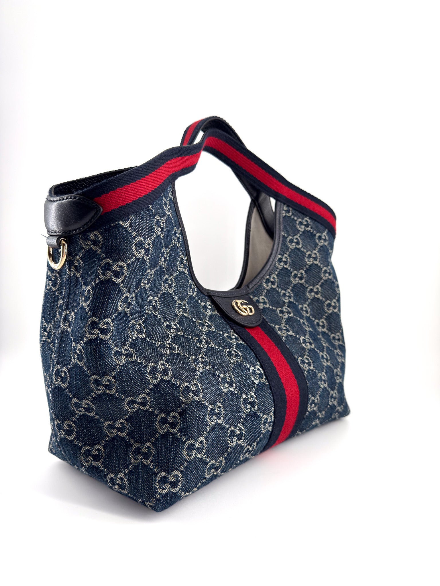 Gucci Denim GG Monogram Web Small Giglio Tote blue and white