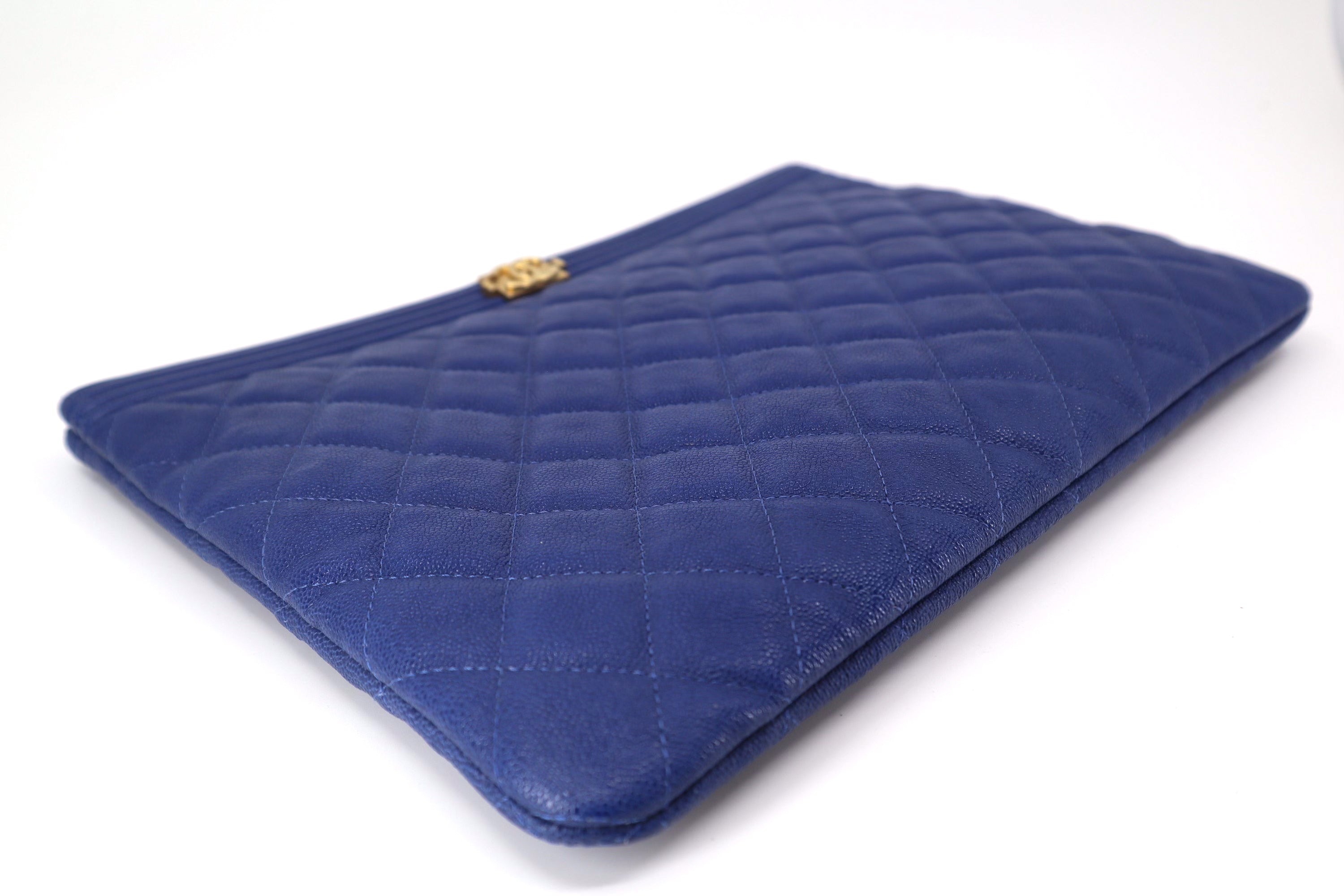 Chanel 19C Indigo Blue Caviar Quilted Boy O-Case Clutch Pouch Bag