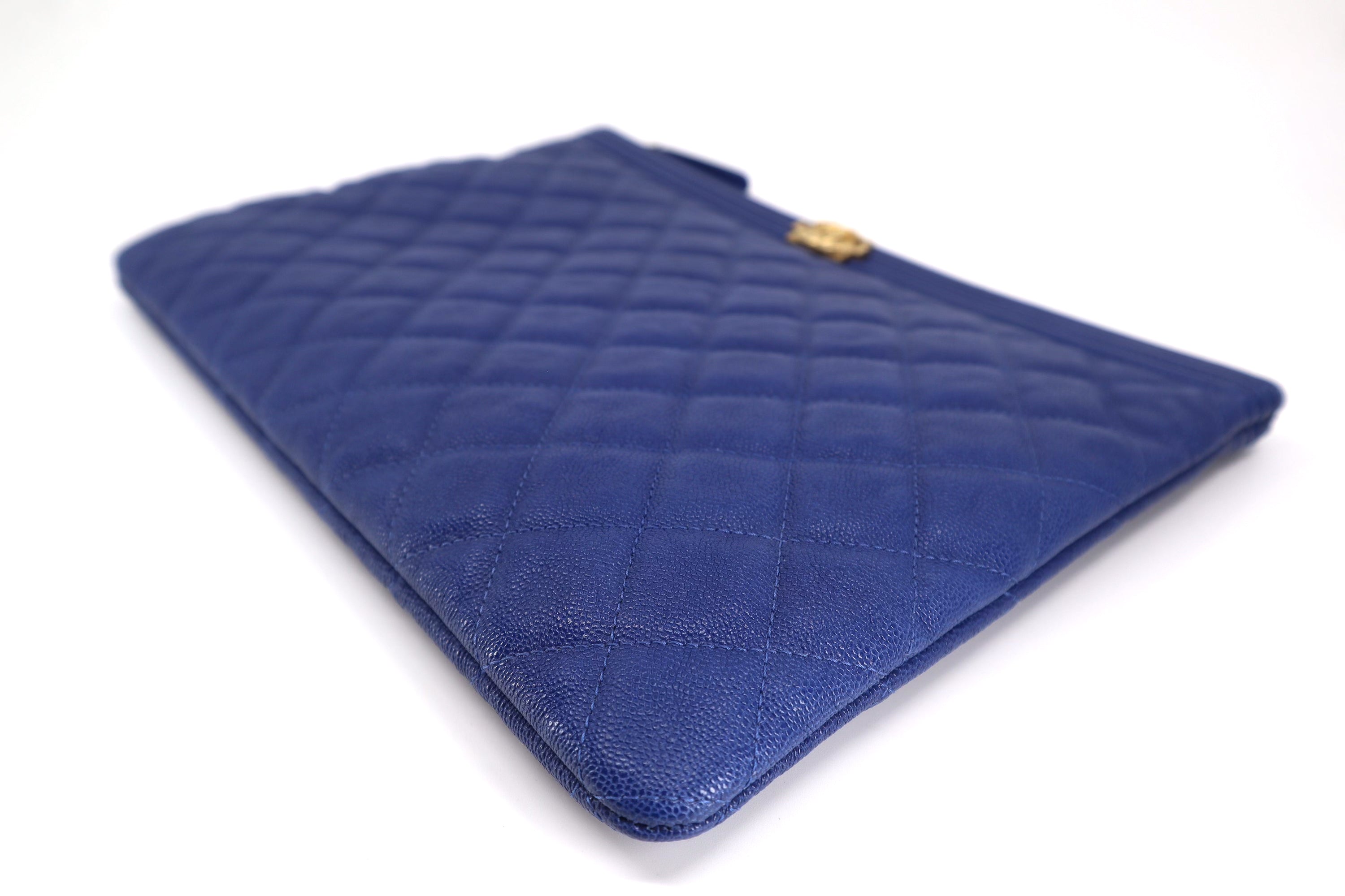 Chanel 19C Indigo Blue Caviar Quilted Boy O-Case Clutch Pouch Bag