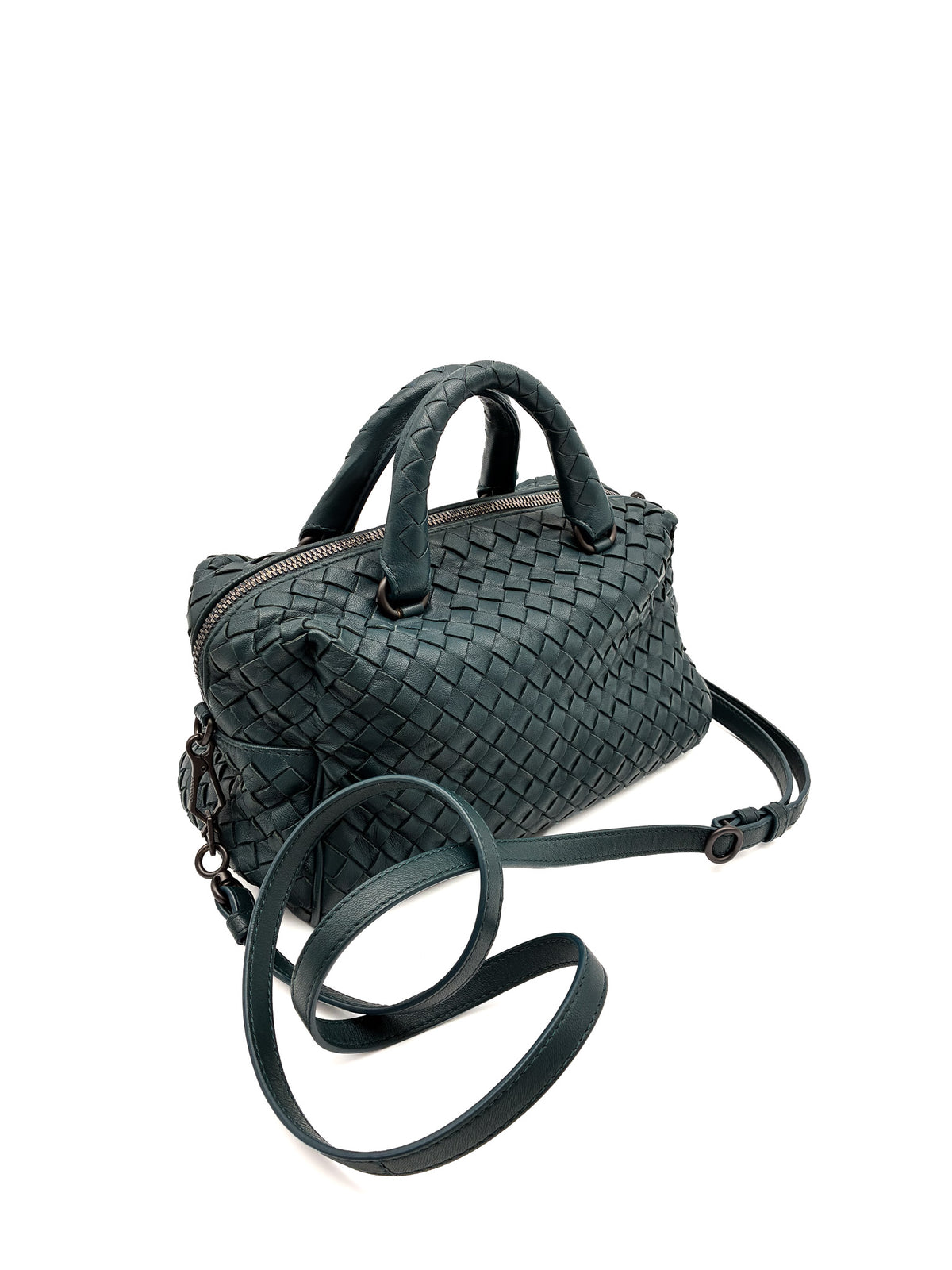 Bottega Veneta Dark Teal Intrecciato Mini Boston Bag