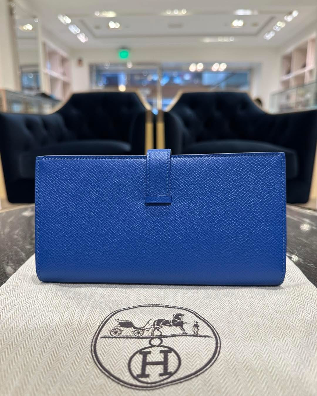 Hermes Bearn Soufflet Bi-fold Long Wallet Blue