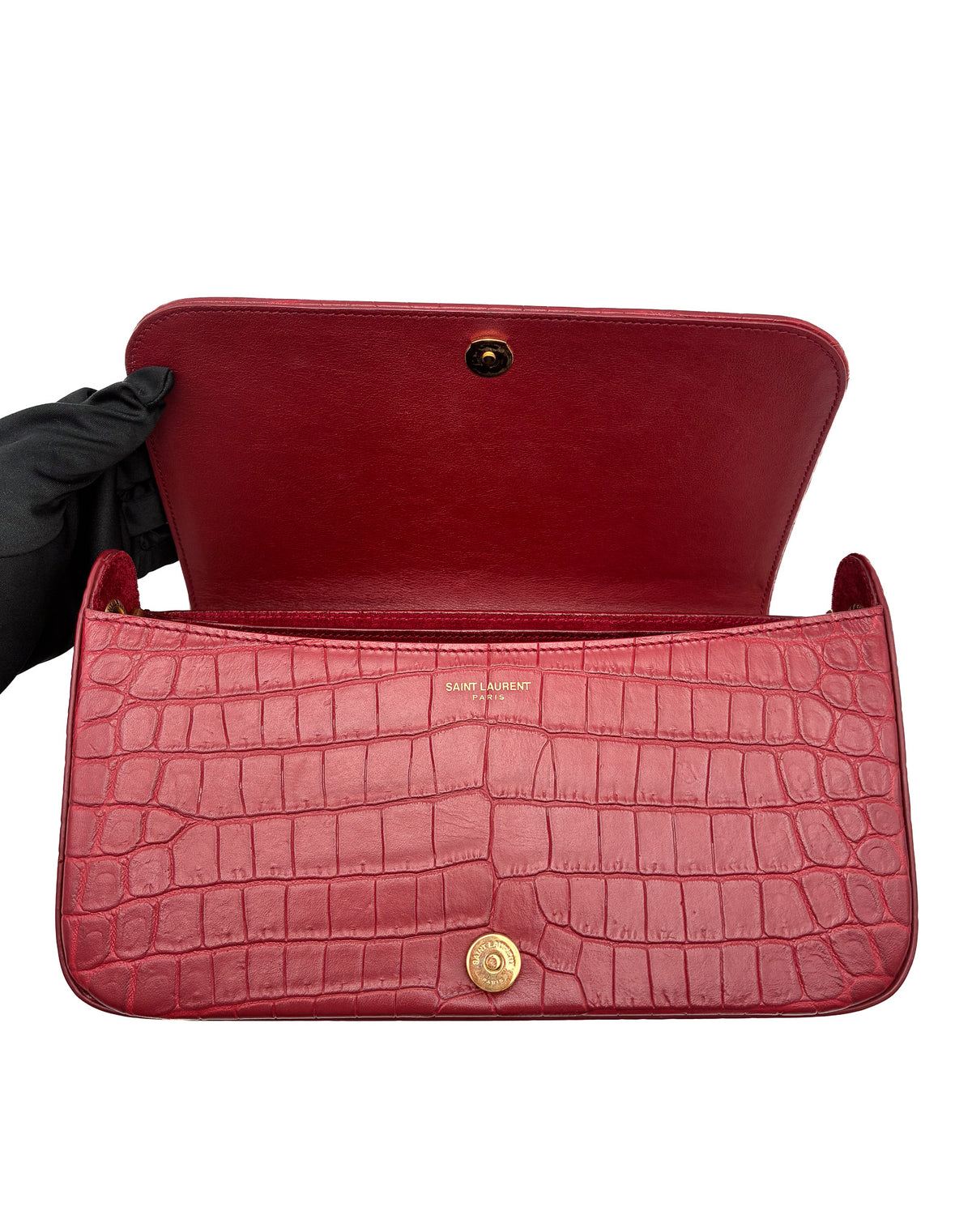Yves Saint Laurent Red Elise Shoulder Bag Crocodile Embossed Leather Small