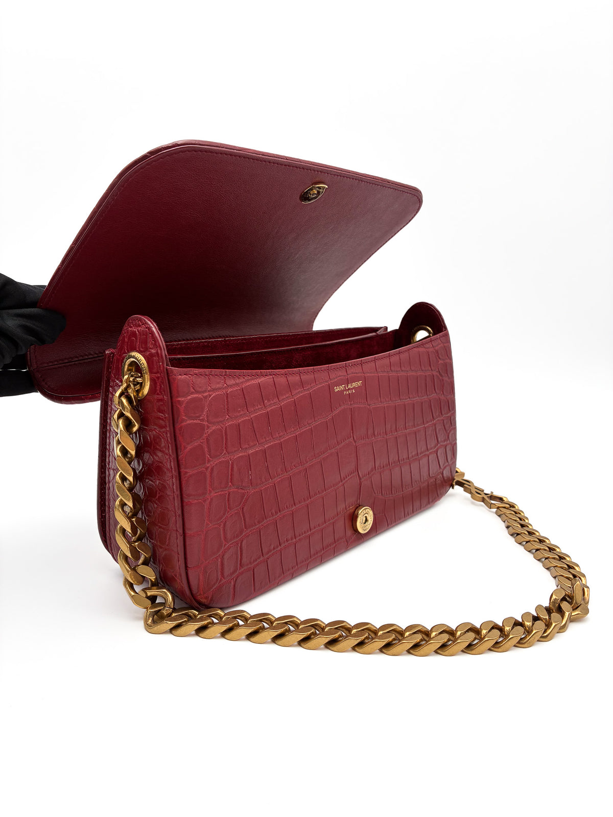 Yves Saint Laurent Red Elise Shoulder Bag Crocodile Embossed Leather Small